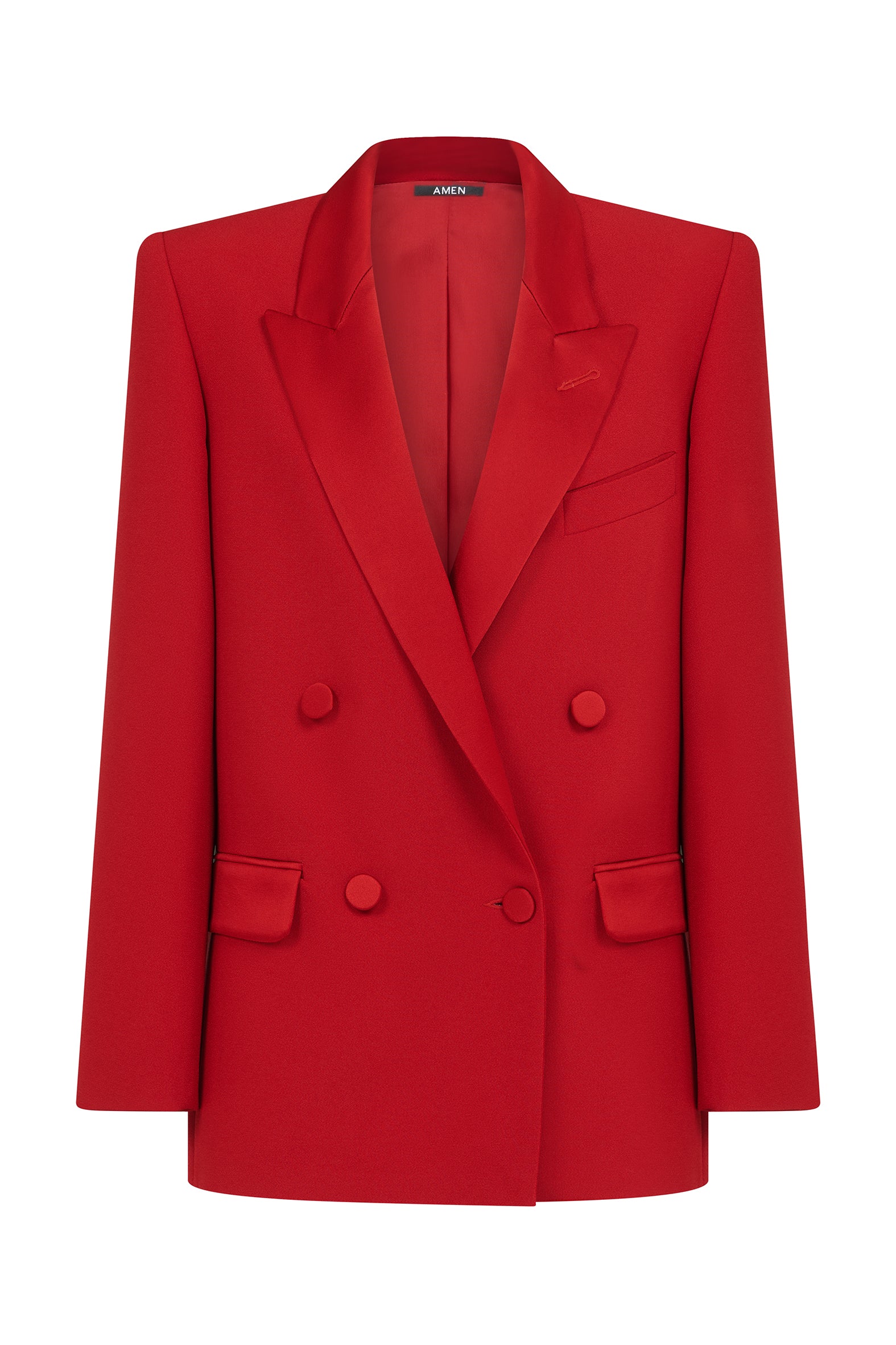AMEN red enver satin blazer with double-breasted closure – front view.