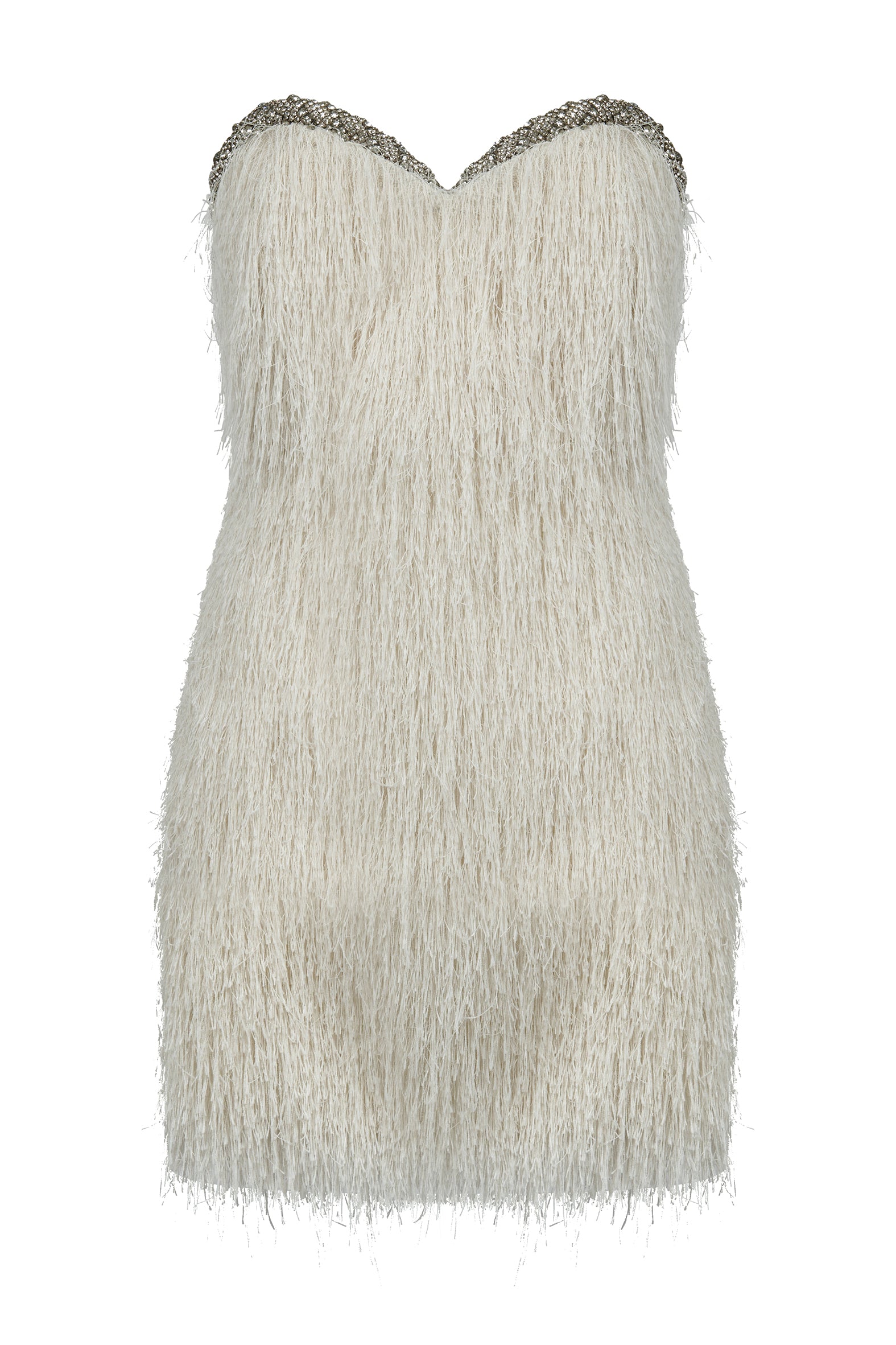 AMEN strapless fringe mini dress with jewel neckline – front view.