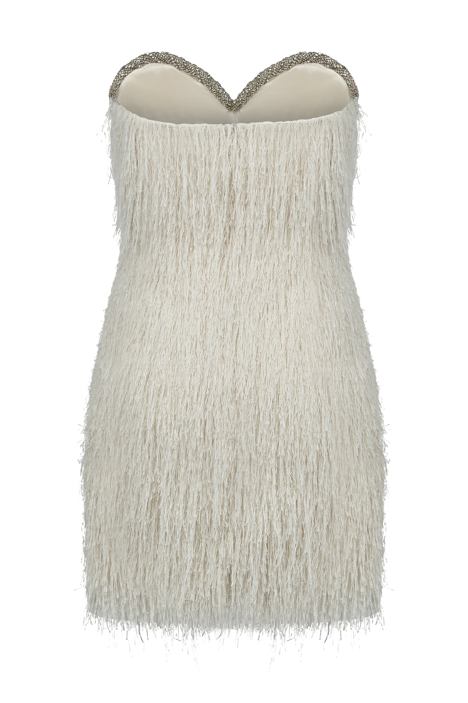 AMEN strapless fringe mini dress with jewel neckline – back view.