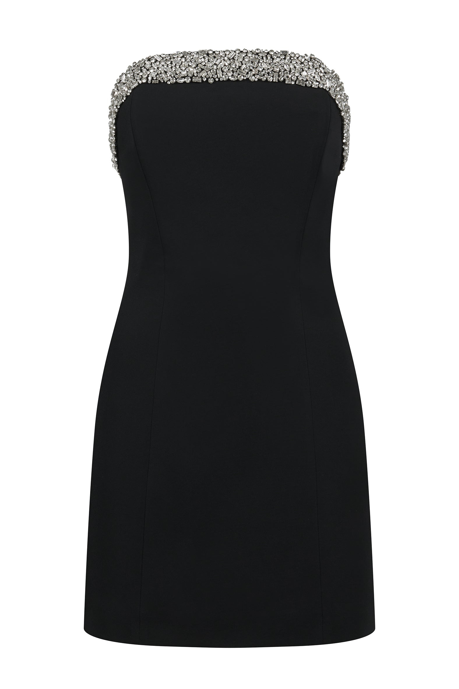 AMEN strapless black crêpe mini dress with jewel embroidery – front view.