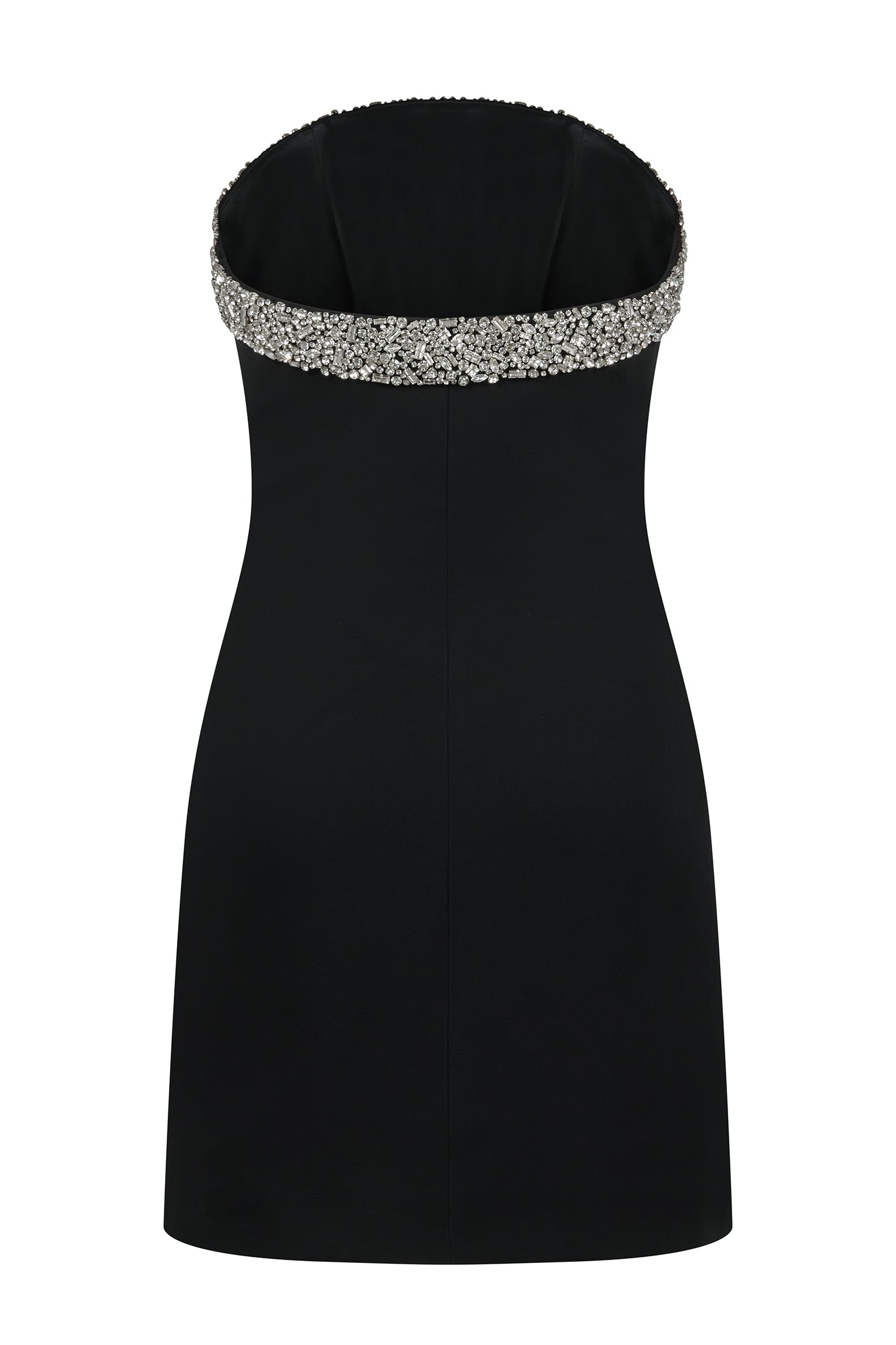 AMEN strapless black crêpe mini dress with jewel embroidery – back view.