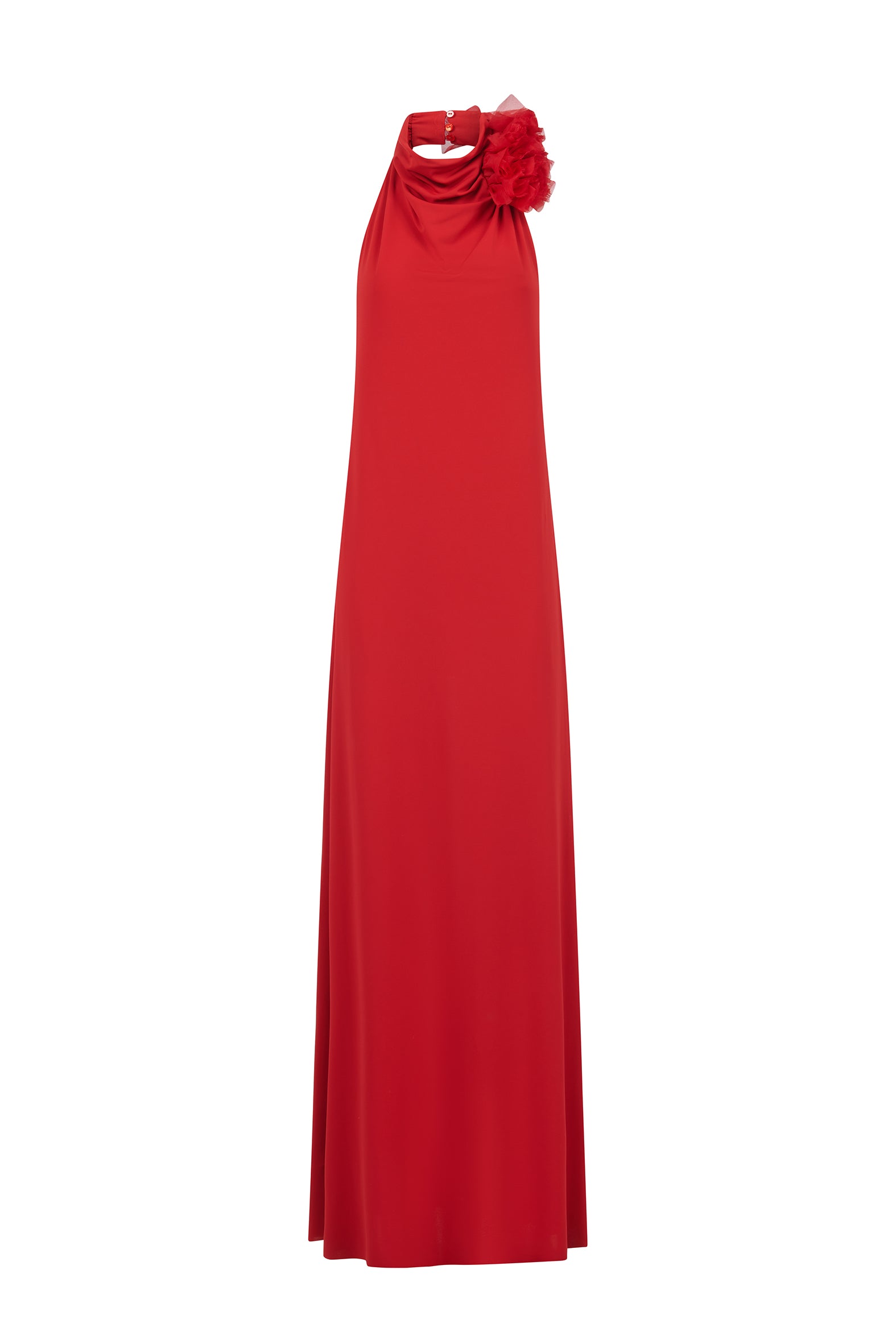 AMEN red long jersey dress with halter neckline and flower detail – front view.