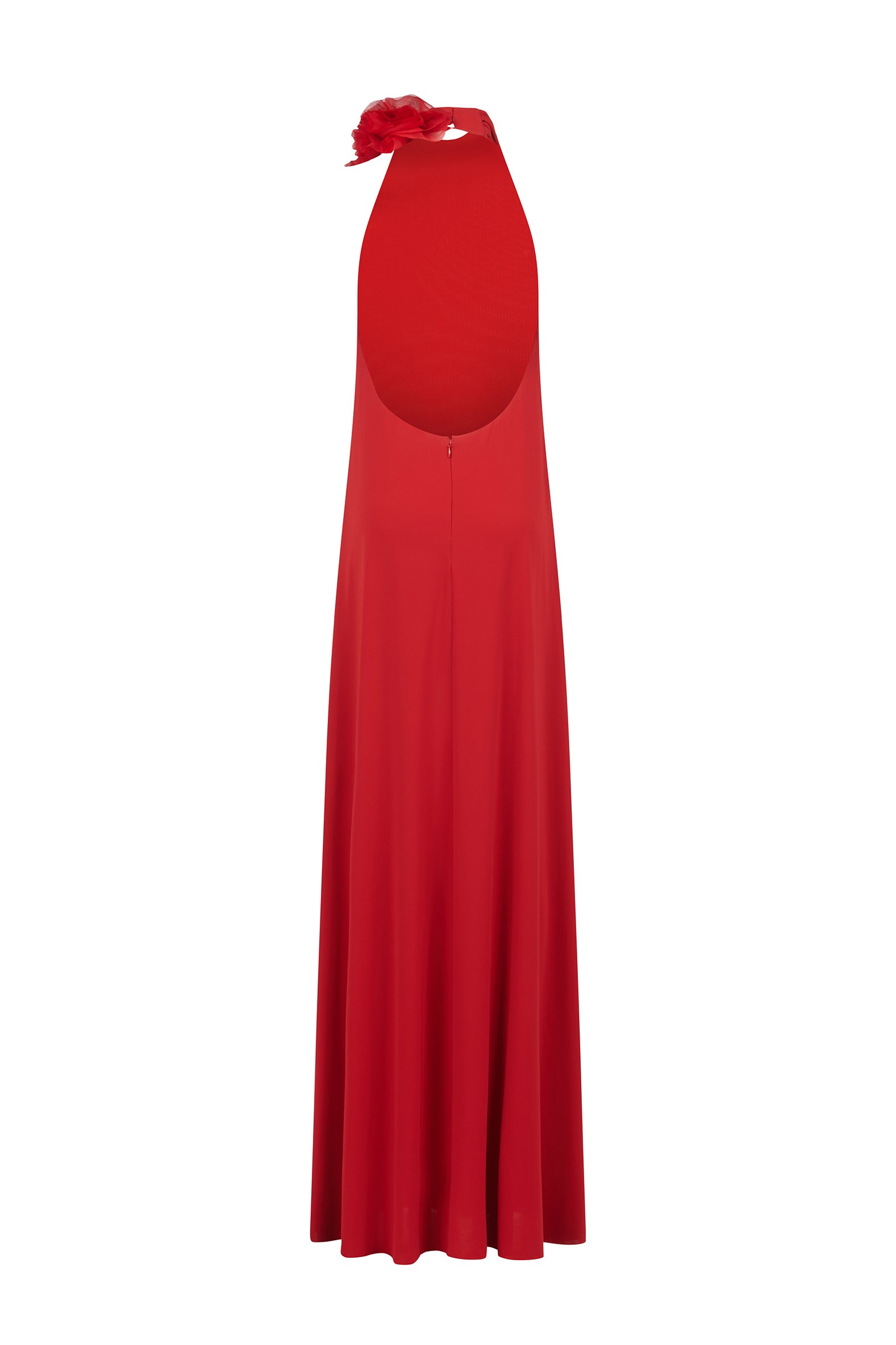 AMEN red long jersey dress with open back and zip closure – back view.