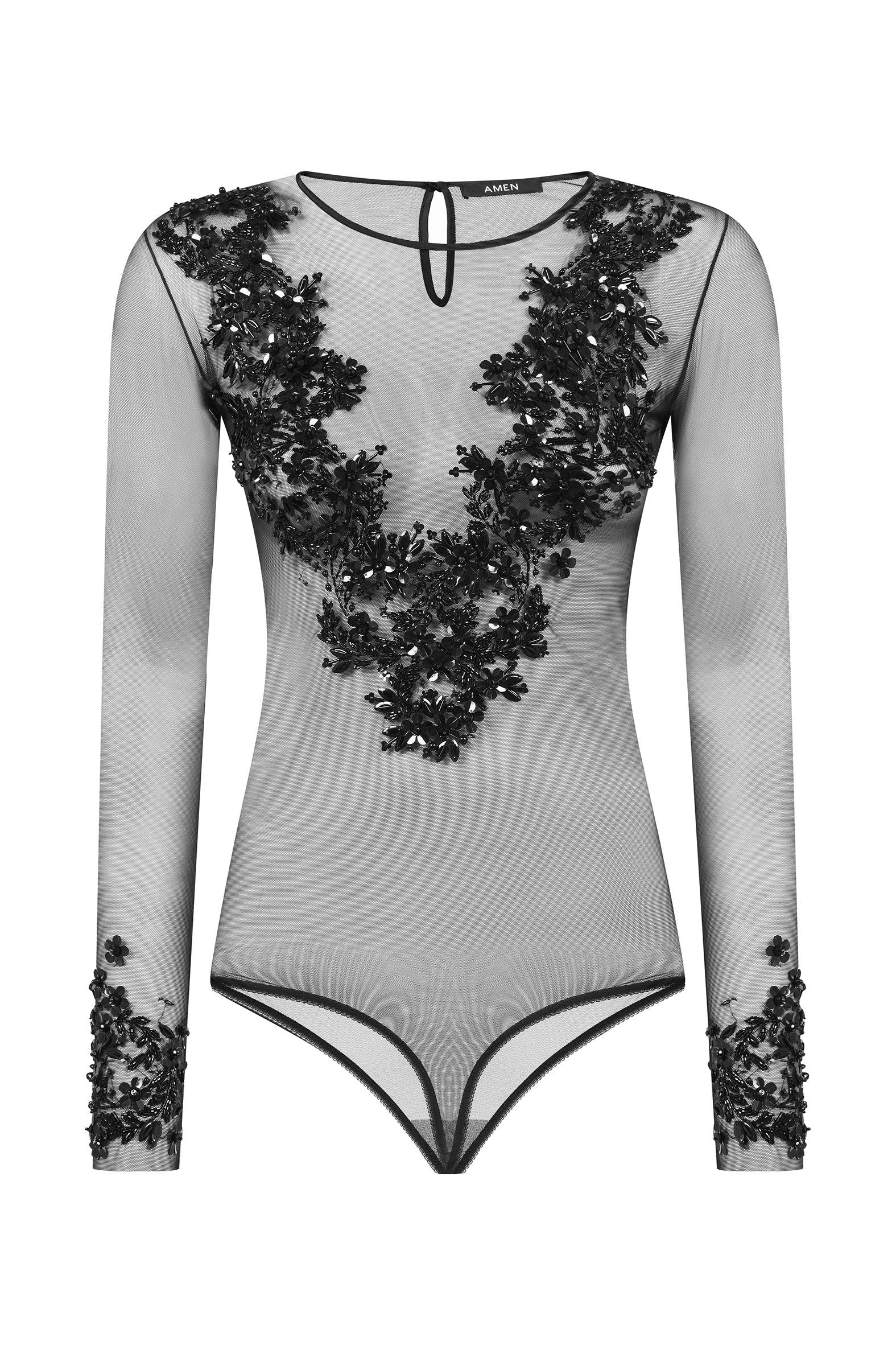 AMEN black floral embroidered bodysuit with sequins – front view.