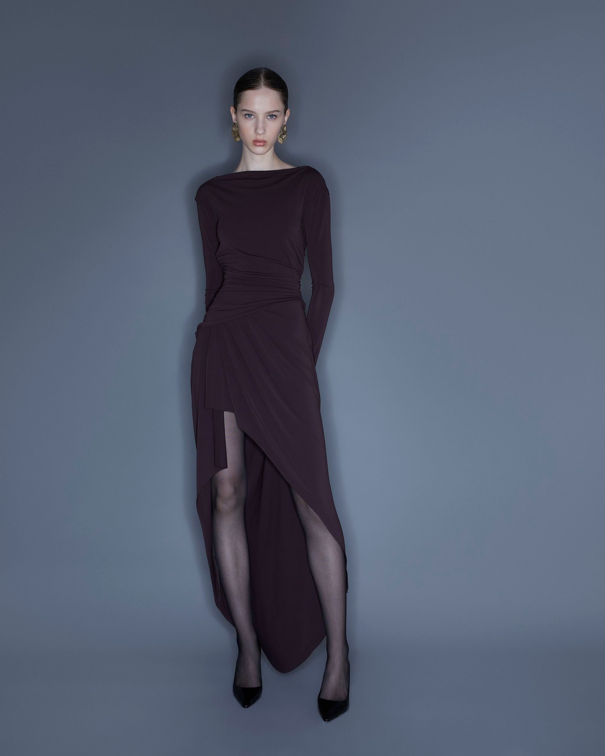 Long Draped Fluid Jersey Dress