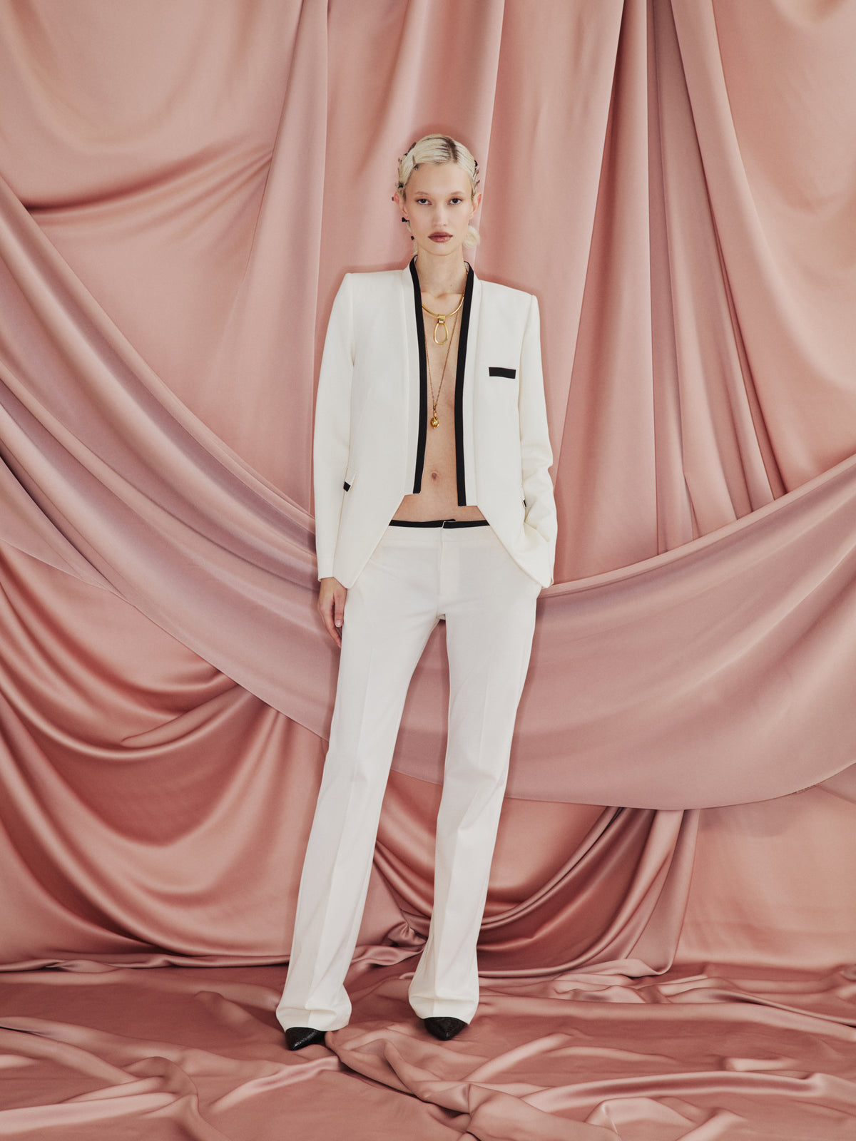 AMEN cream wool gabardine jacket with tonal satin lapels and tailored pockets front view