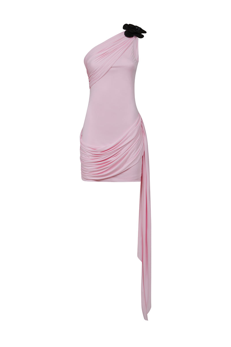 AMEN one shoulder draped pink jersey dress front