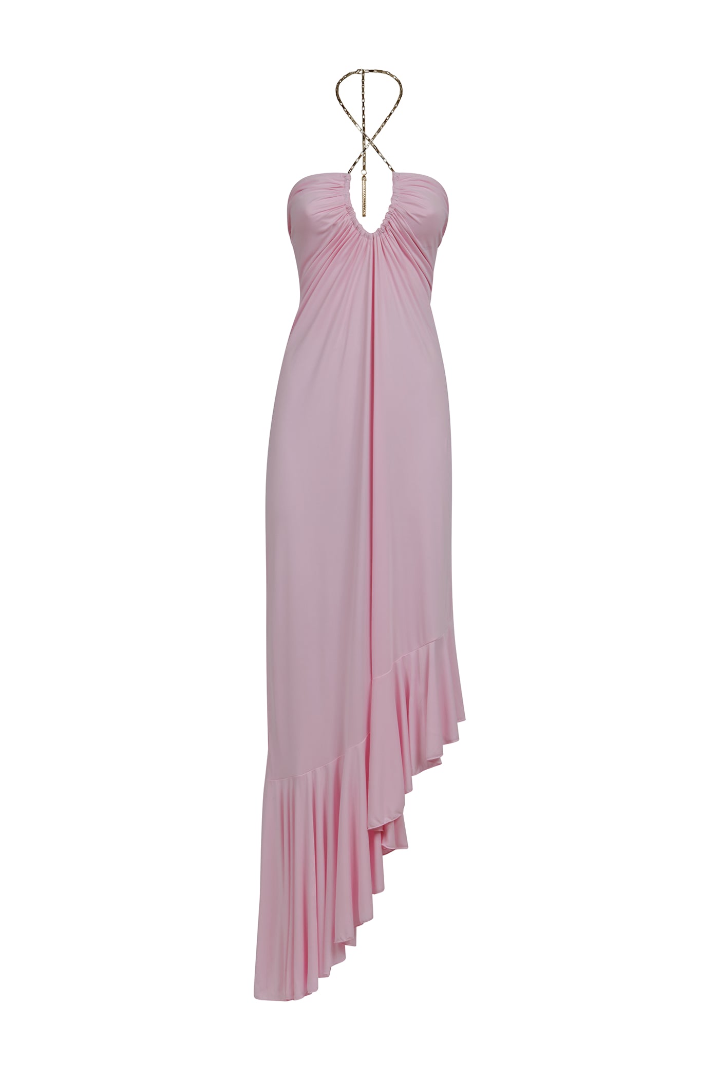 AMEN shiny fluid jersey halter long dress with asymmetric hem