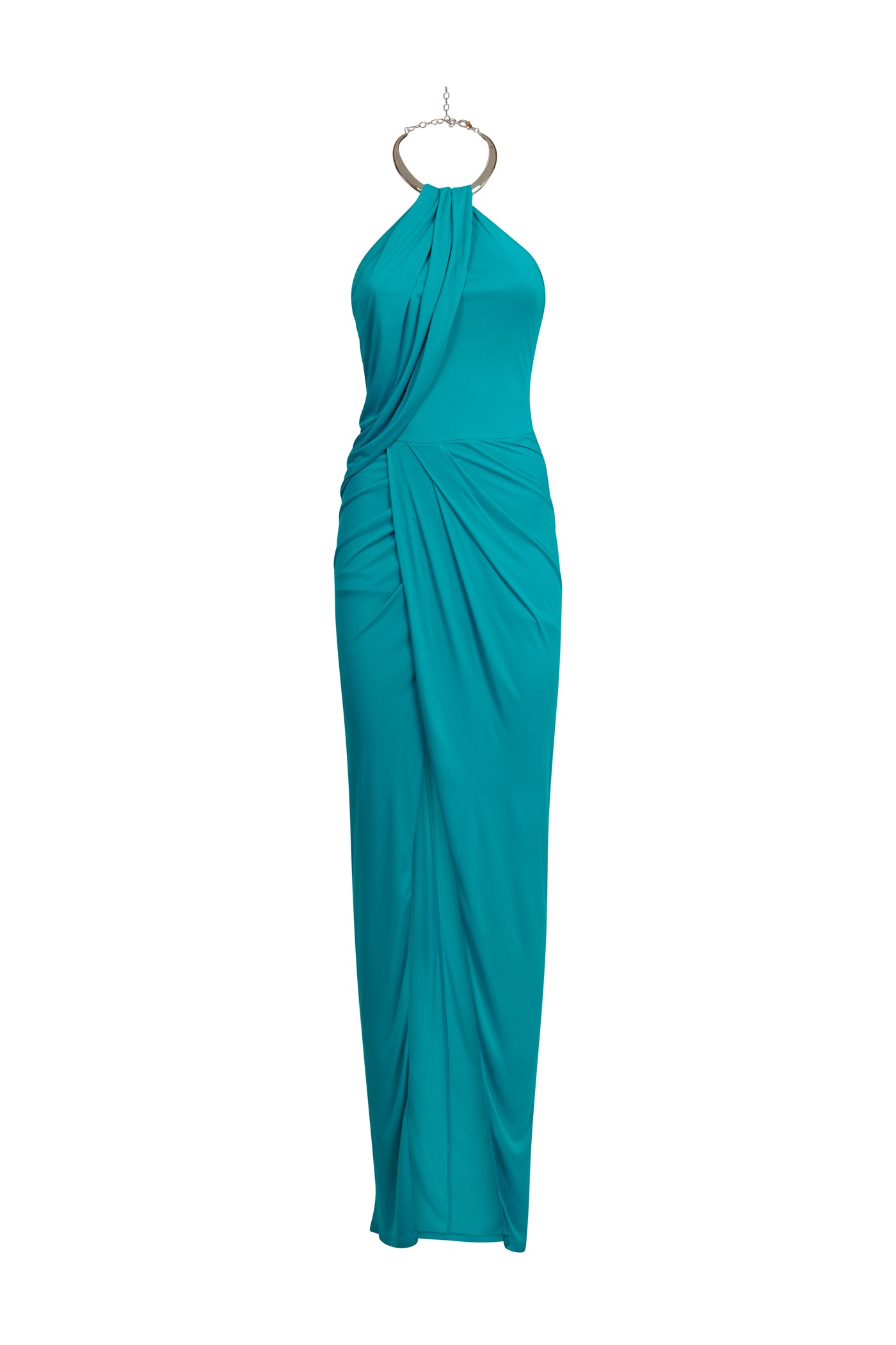 AMEN turquoise fluid jersey halter long dress with metal necklace