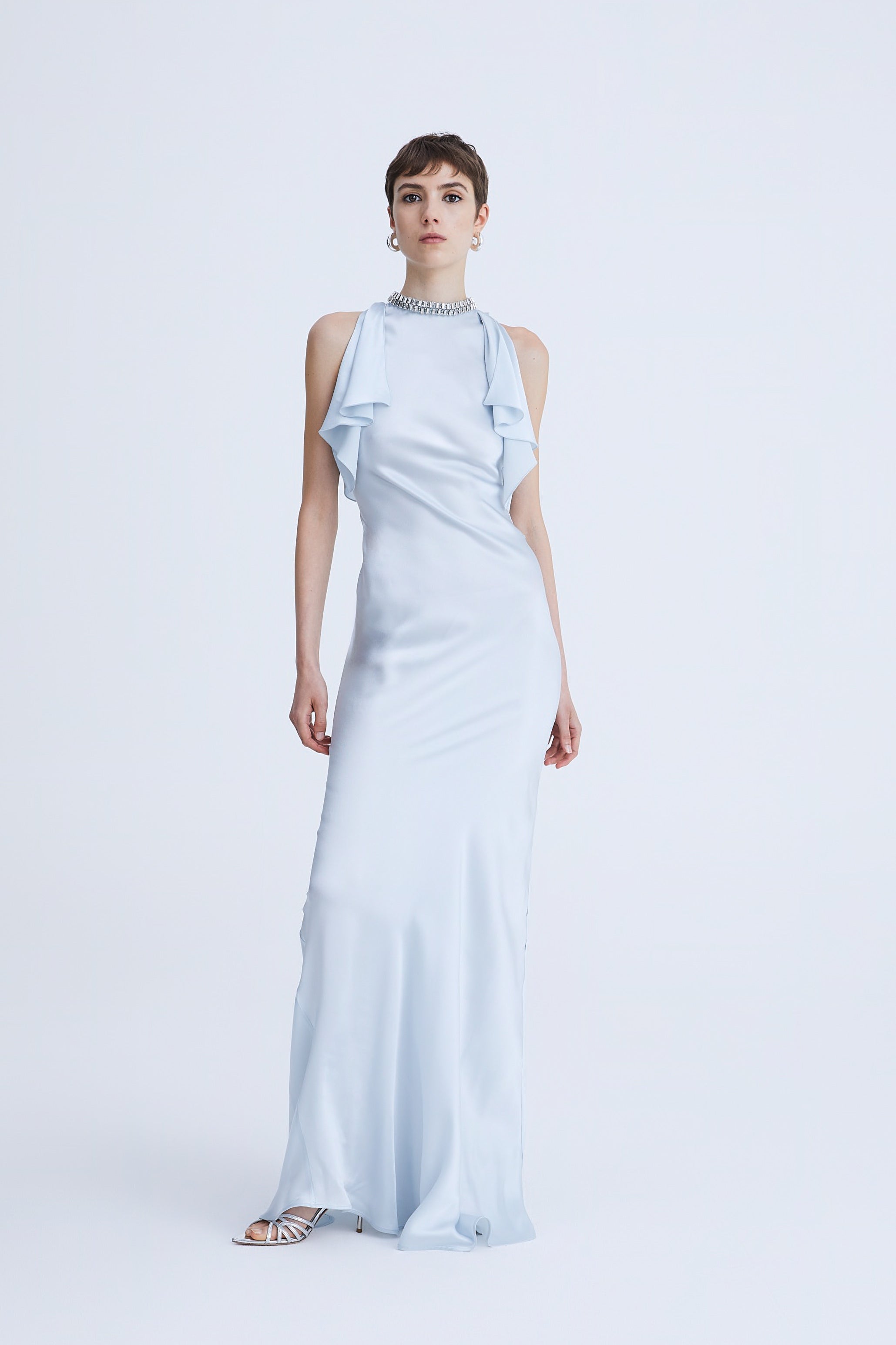 Long Satin Dress with Crystal Neckline