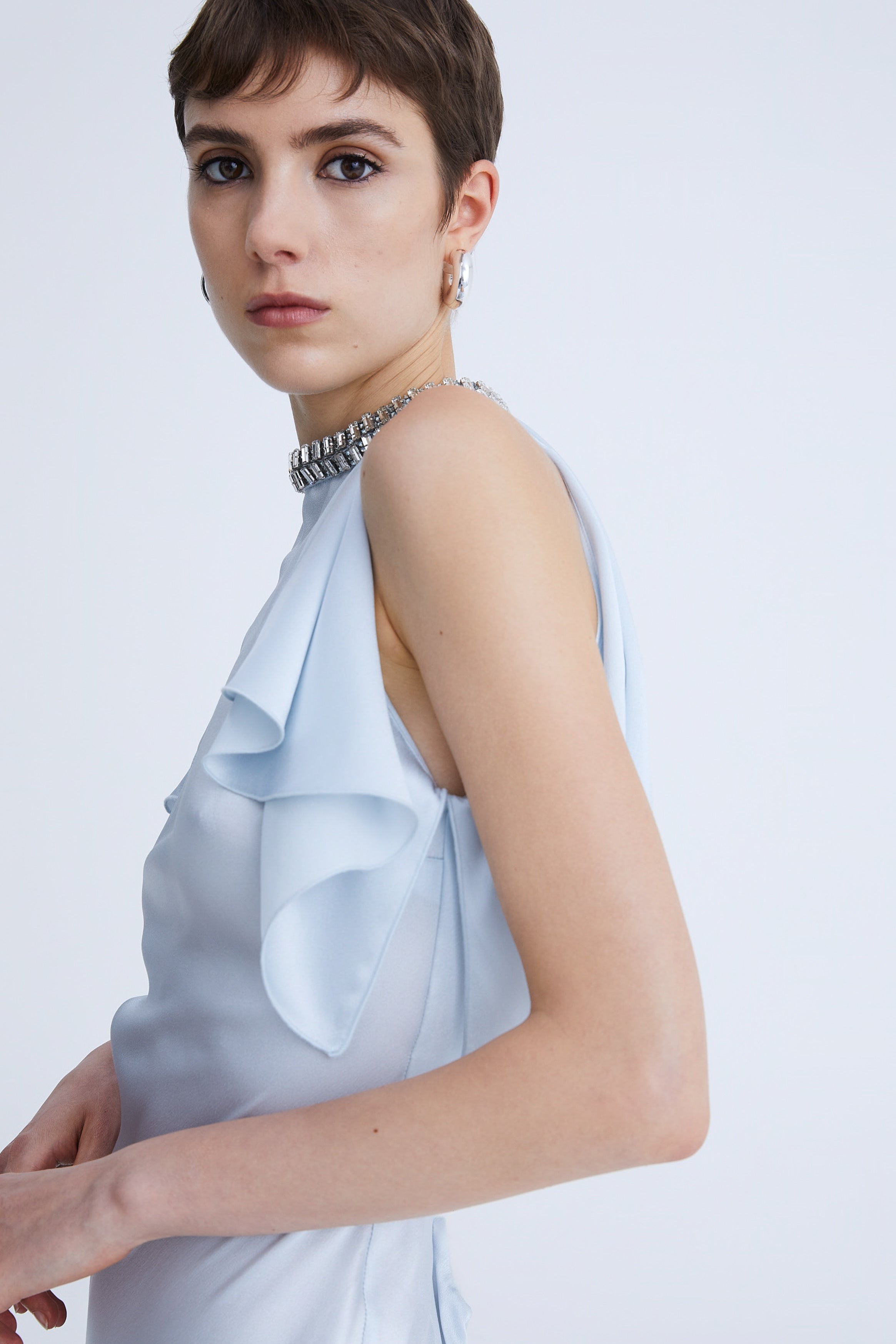 Long Satin Dress with Crystal Neckline