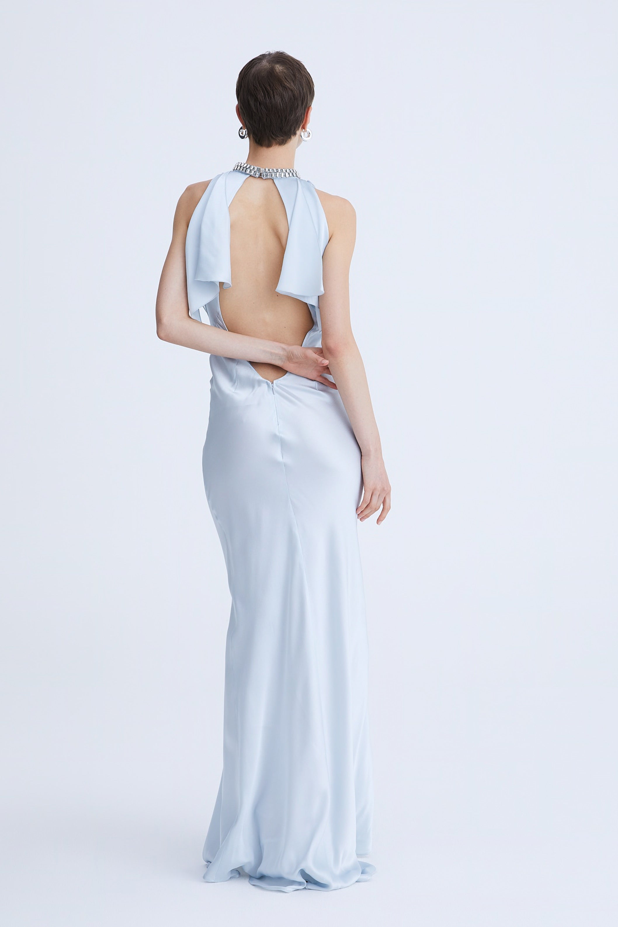 Long Satin Dress with Crystal Neckline