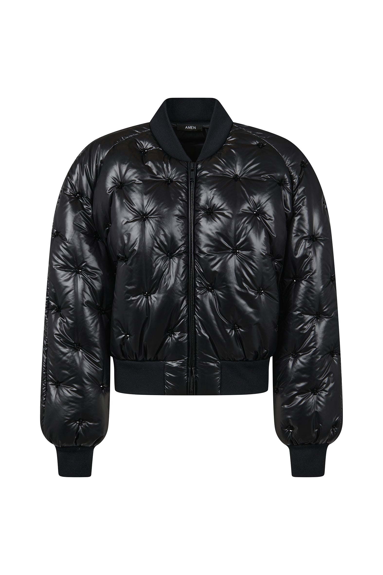AMEN black quilted nylon bomber jacket front view with zip closure and ribbed trims.
