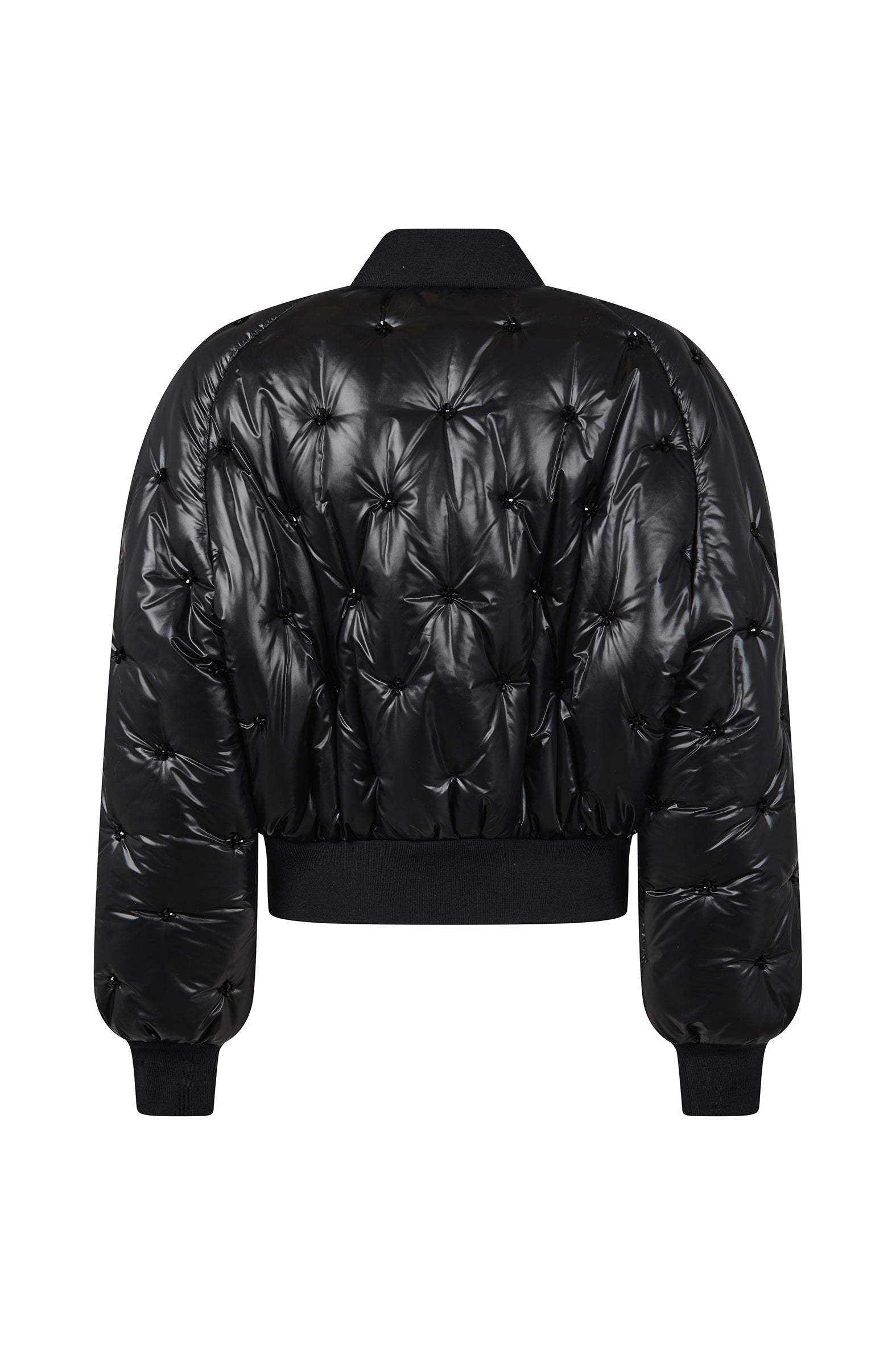 AMEN black quilted nylon bomber jacket back view with quilted pattern and ribbed hem.