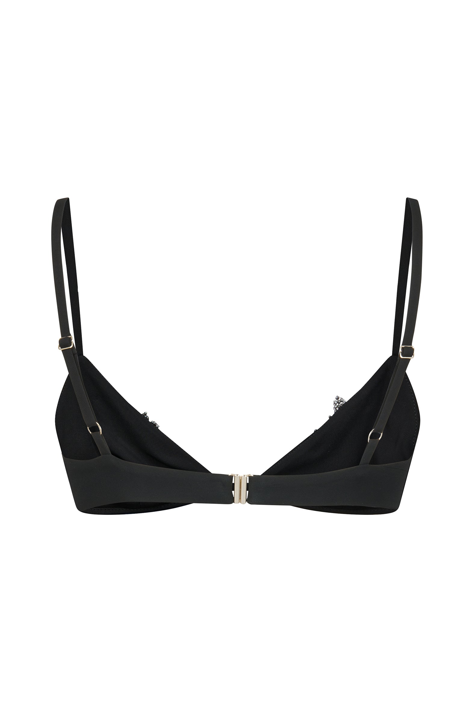 Black crepe bra with adjustable straps and simple clasp fastening, back view.