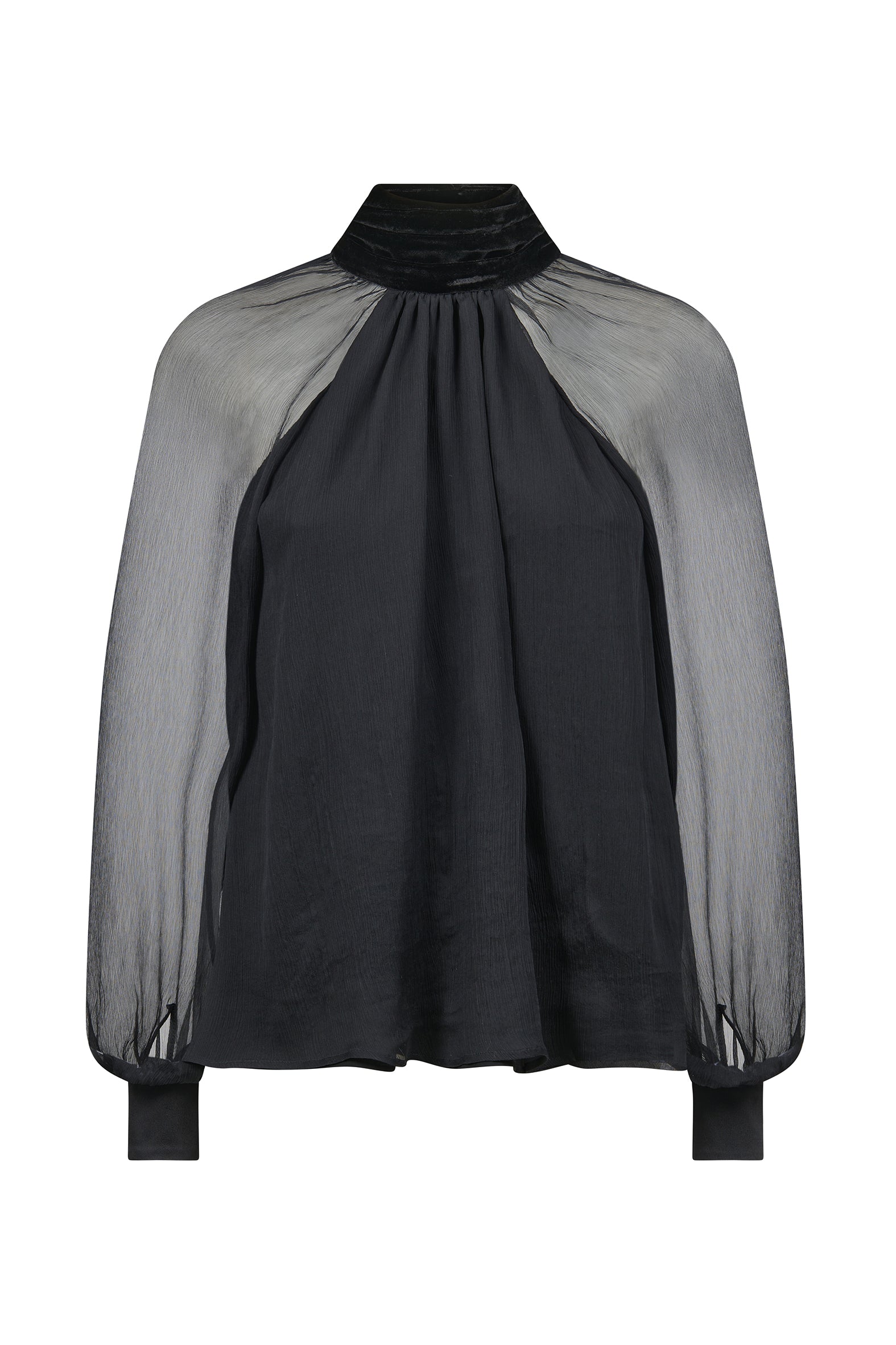 AMEN chiffon shirt with velvet bow tie – back view.