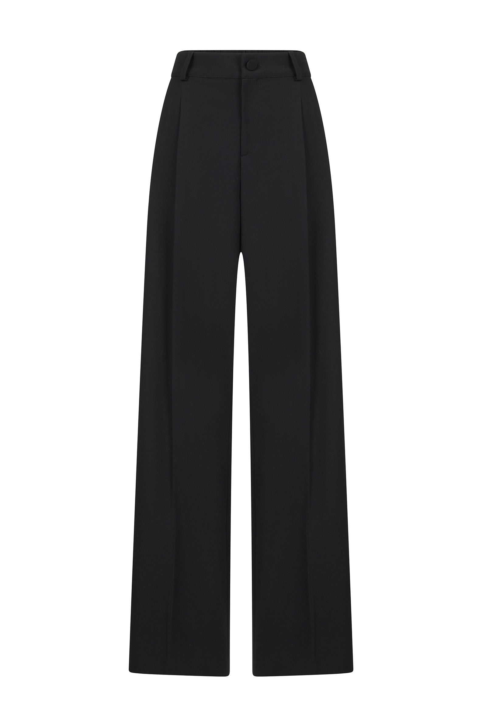 Black wool gabardine pants with elastic waistband and welt pockets, back view.