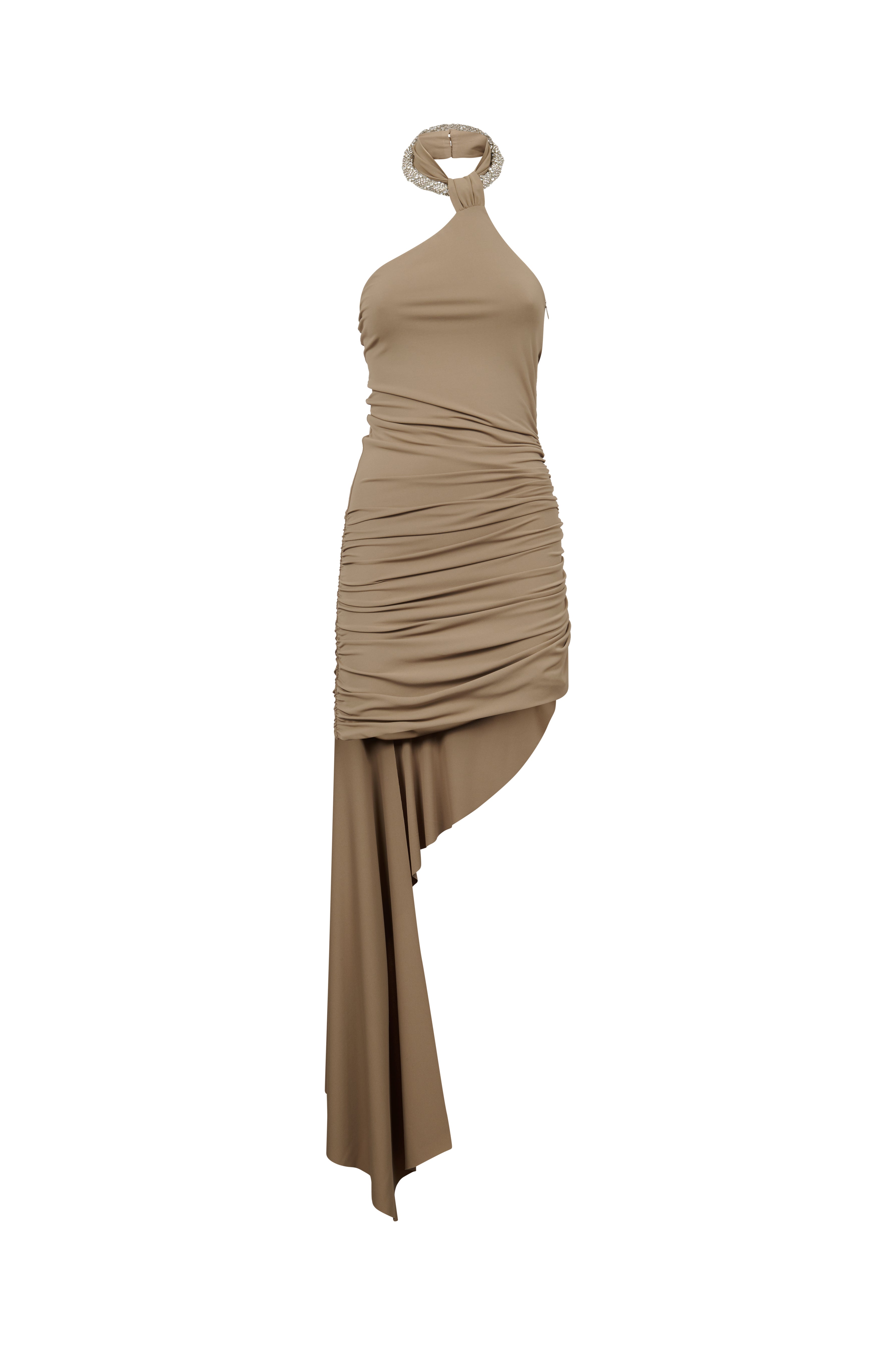 Dark taupe jersey dress with asymmetric hem and crystal neckline, back view.