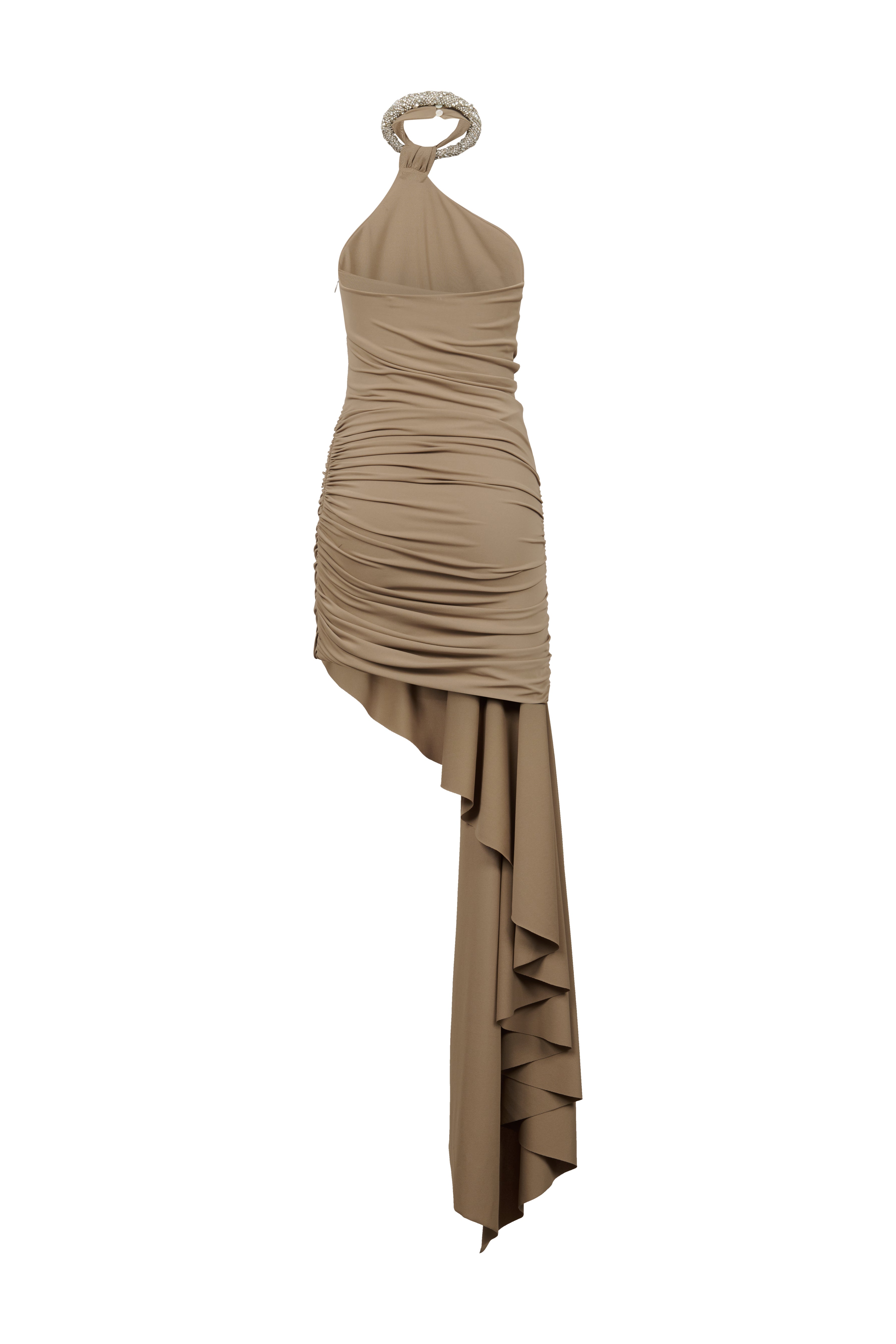 Dark taupe draped jersey dress with ruched detailing and crystal torchon neckline, front view.