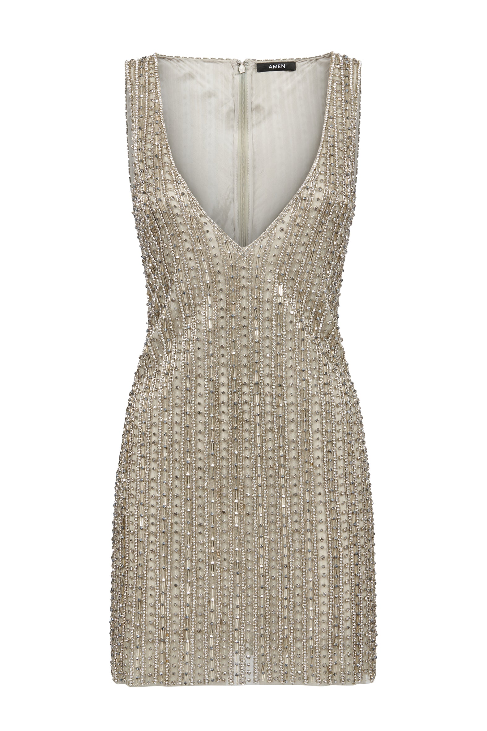 Silver mini dress with jewel embellishment and zip closure – back view.