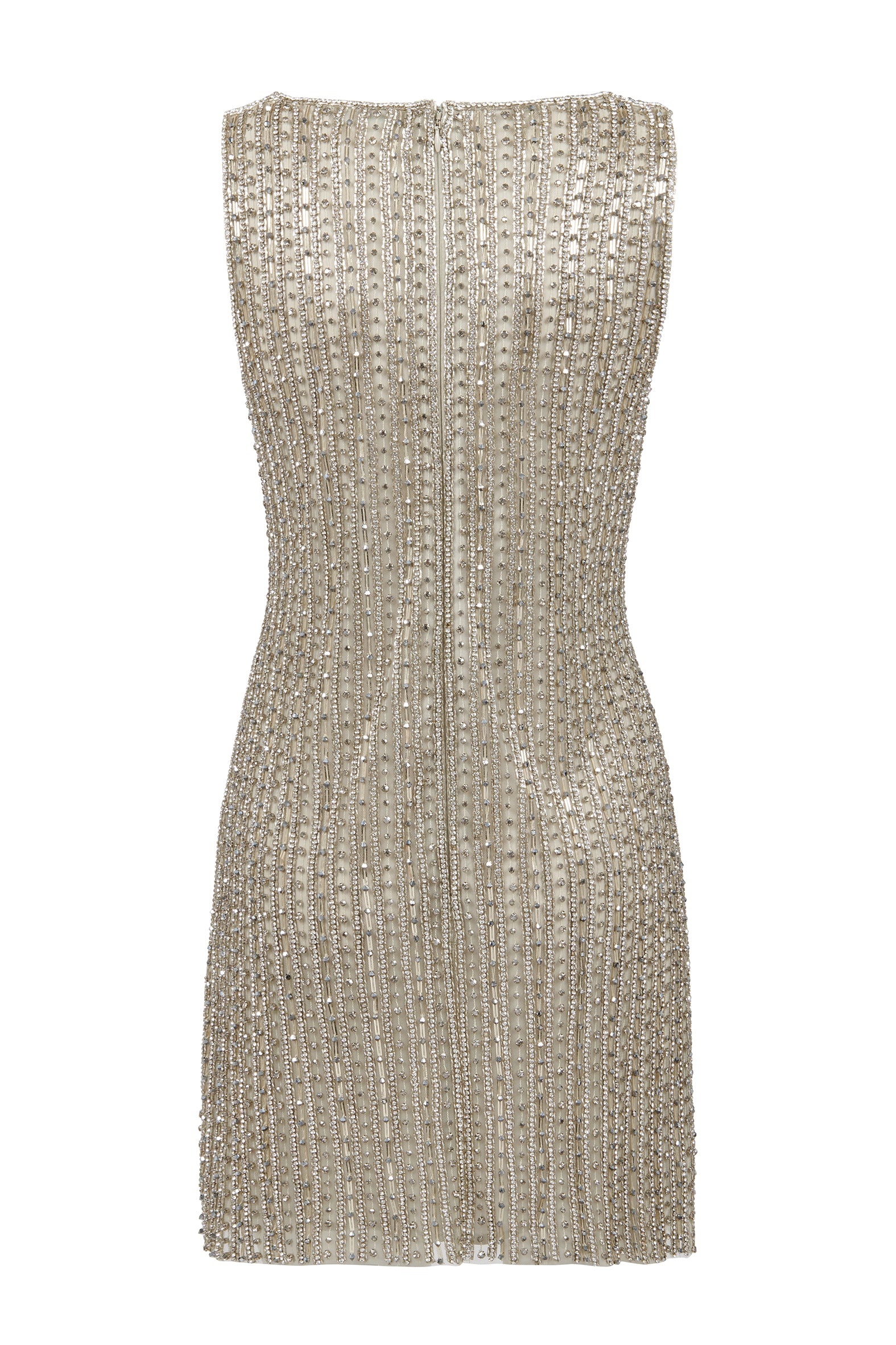 Silver mini dress with jewel embroidery and deep V-neckline – front view.