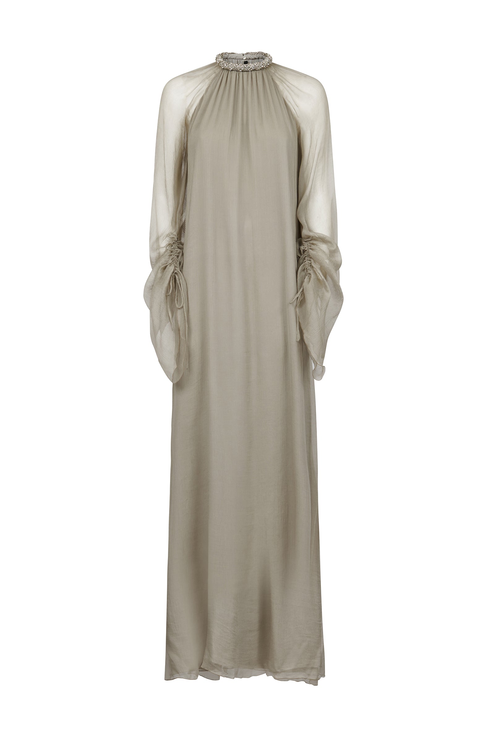 Silk chiffon long dress with torchón crystal neckline and sheer ruched sleeves – front view.