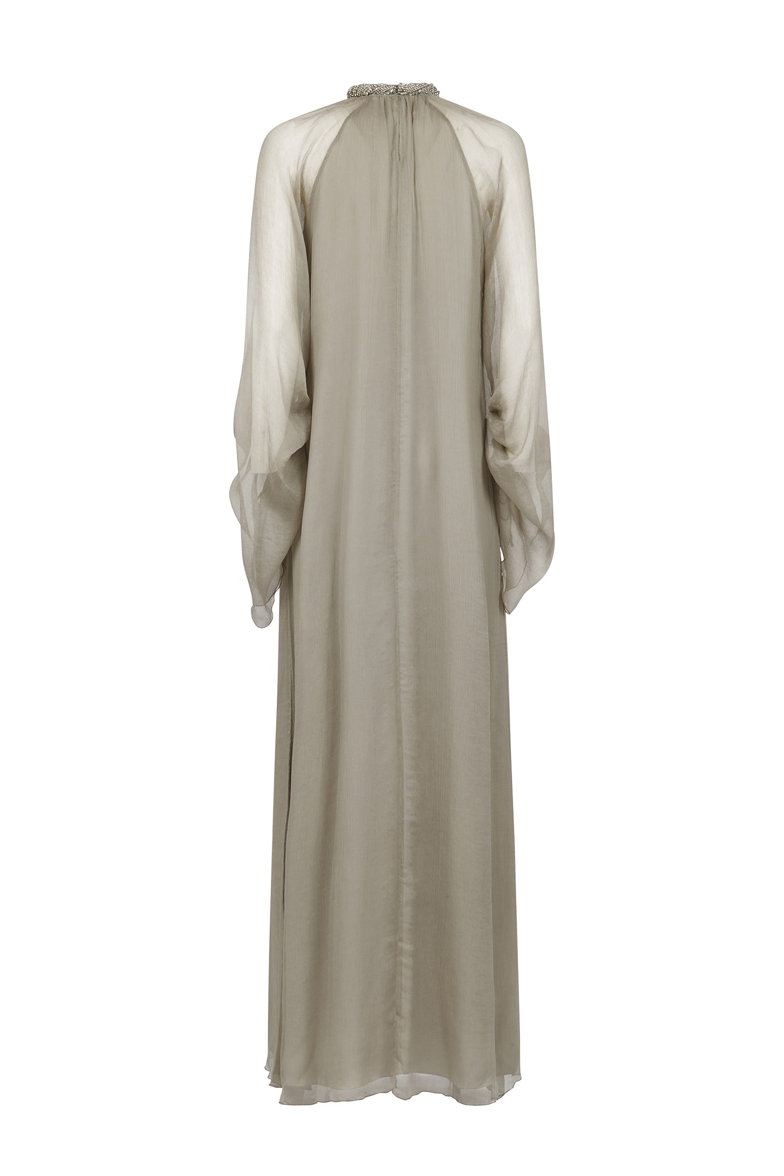 Silk chiffon long dress with high neckline and straight cut – back view.