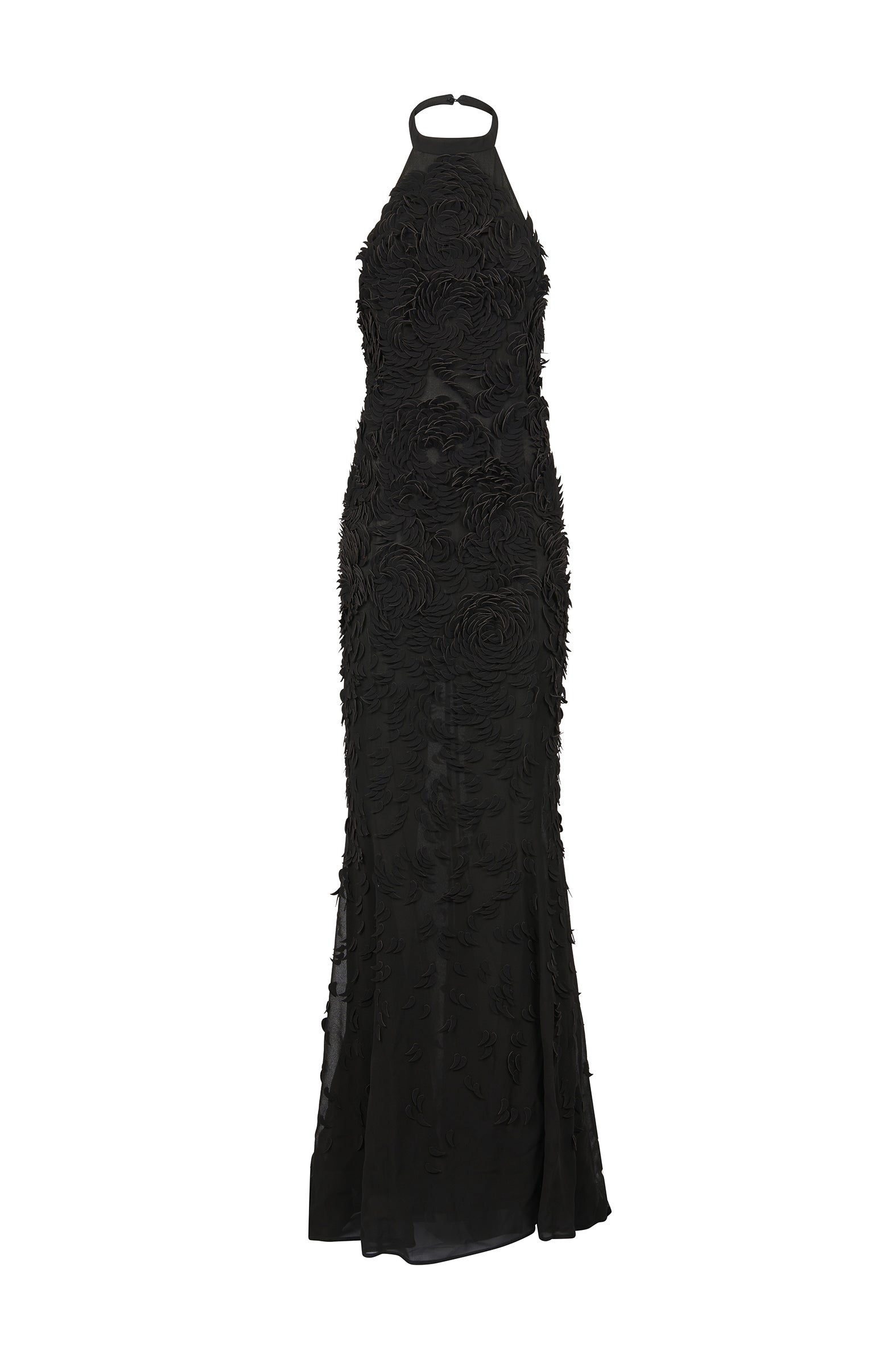AMEN black georgette gown with halter neckline and petal embroidery – front view.
