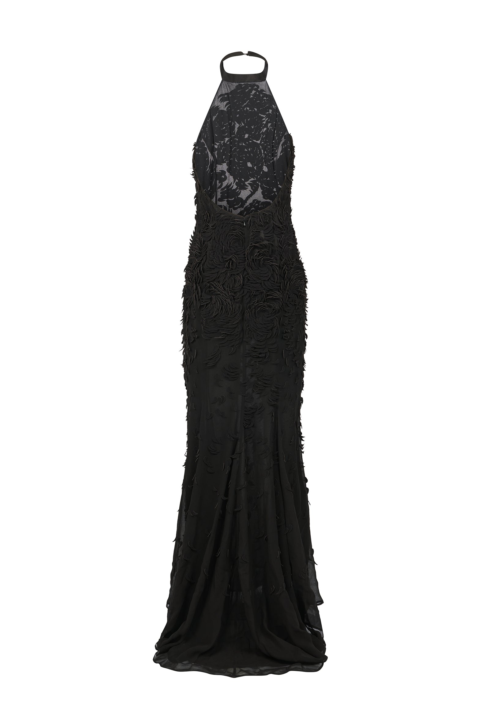 AMEN black georgette gown with halter fastening and textured embroidery – back view.