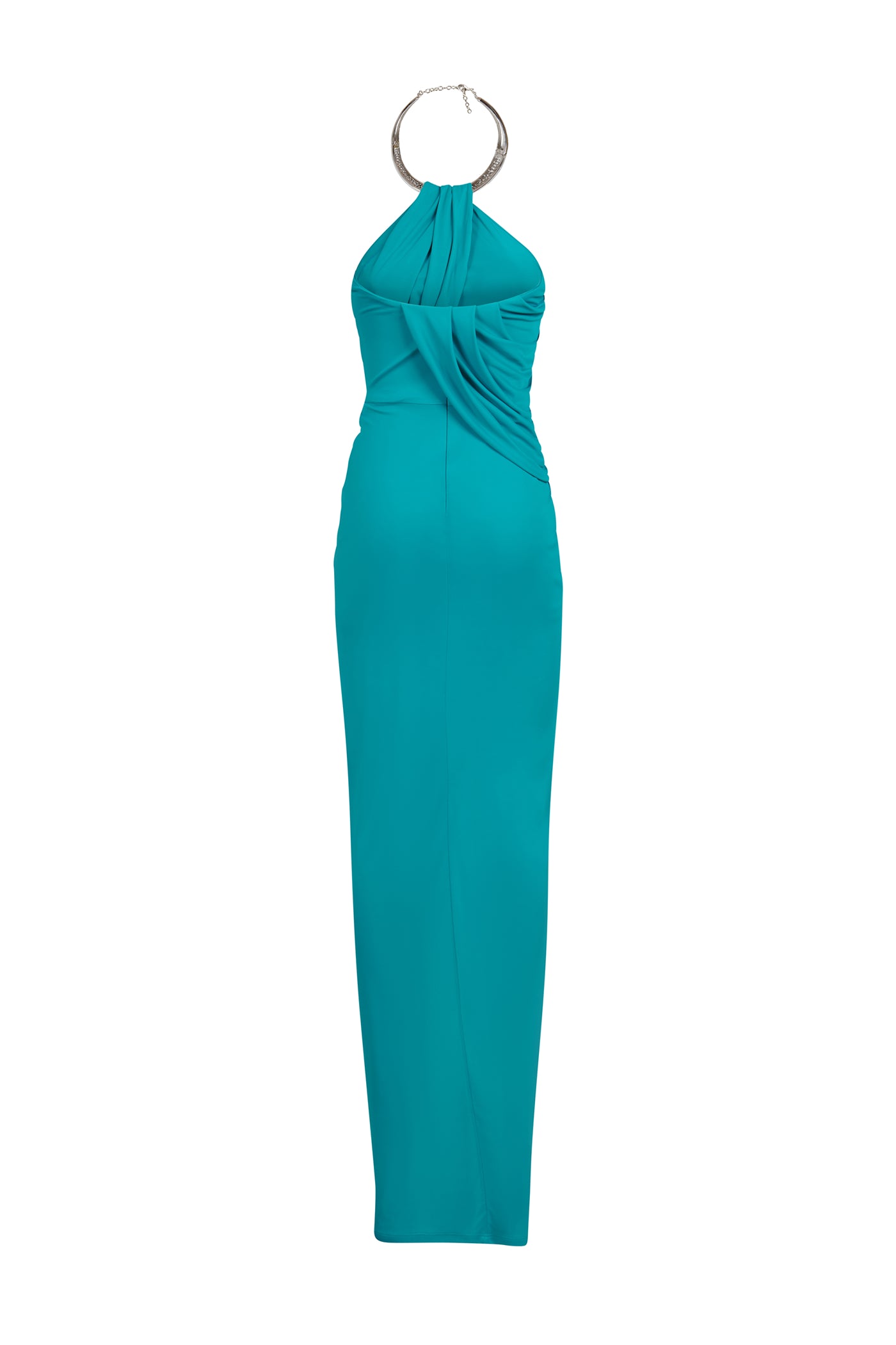 Back view of AMEN fluid jersey halter long dress with draped detail