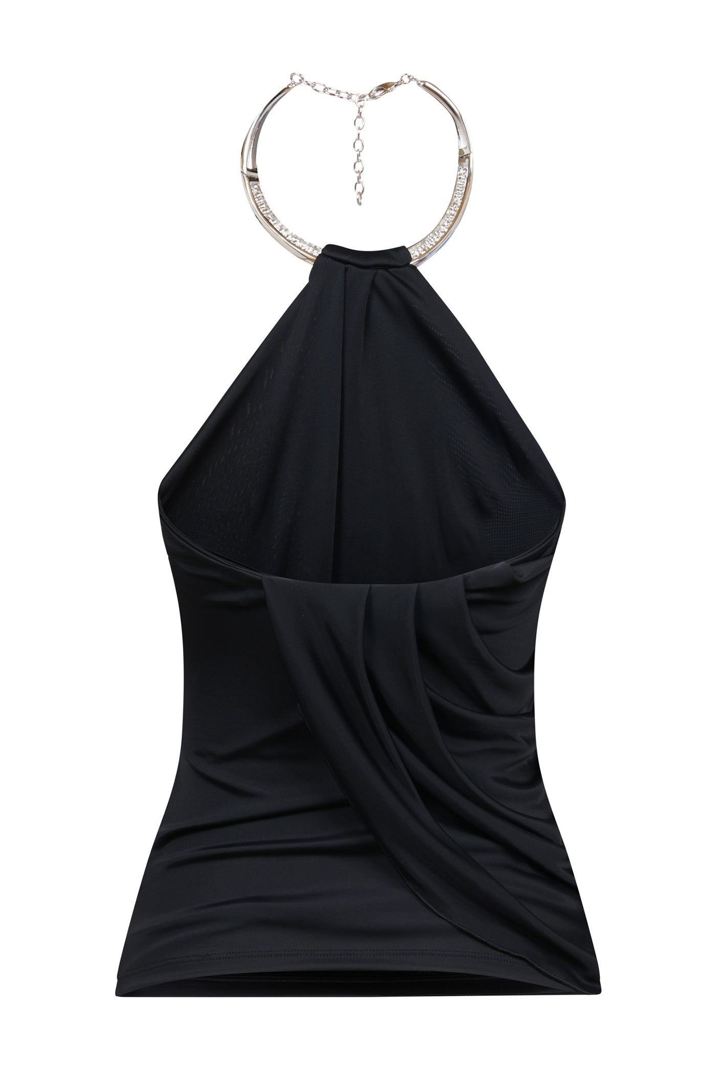 Back view of AMEN halter top with draped jersey and chain closure