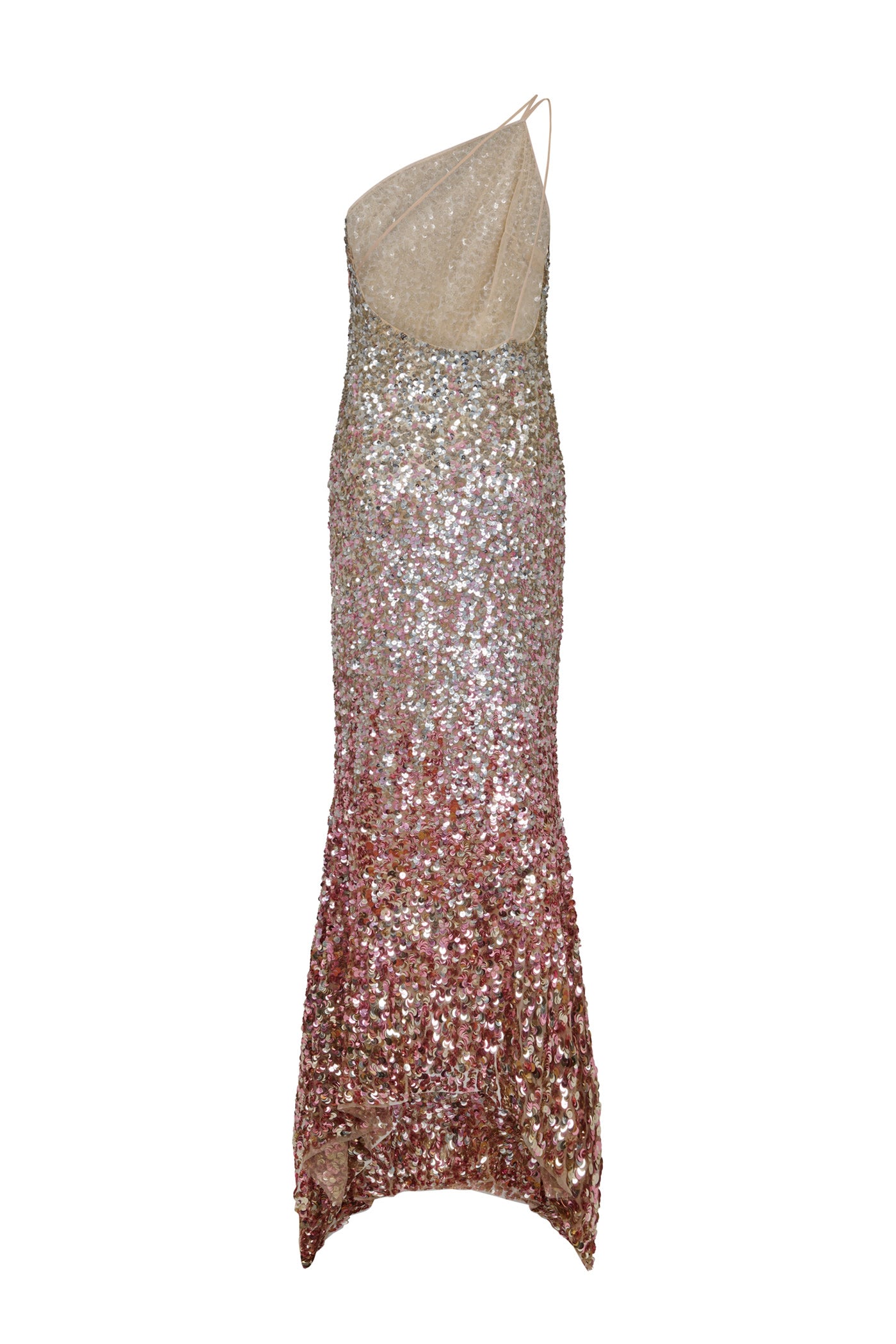 Back view of AMEN sequin net long dress with asymmetric strap