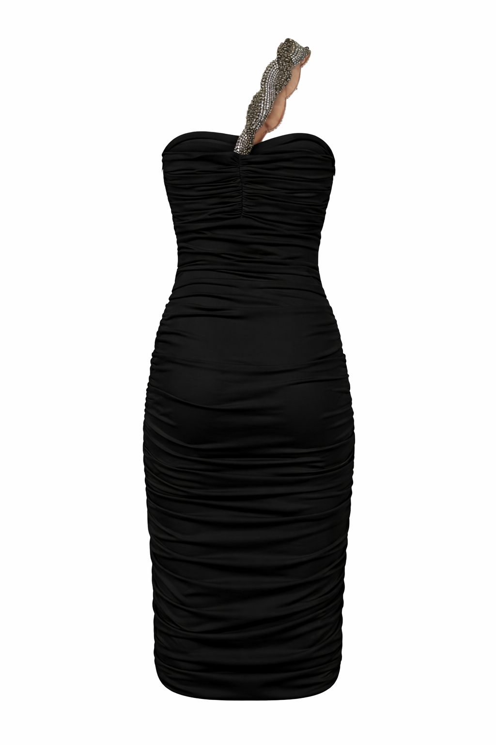 Black one shoulder draped jersey dress with embellished strap front view