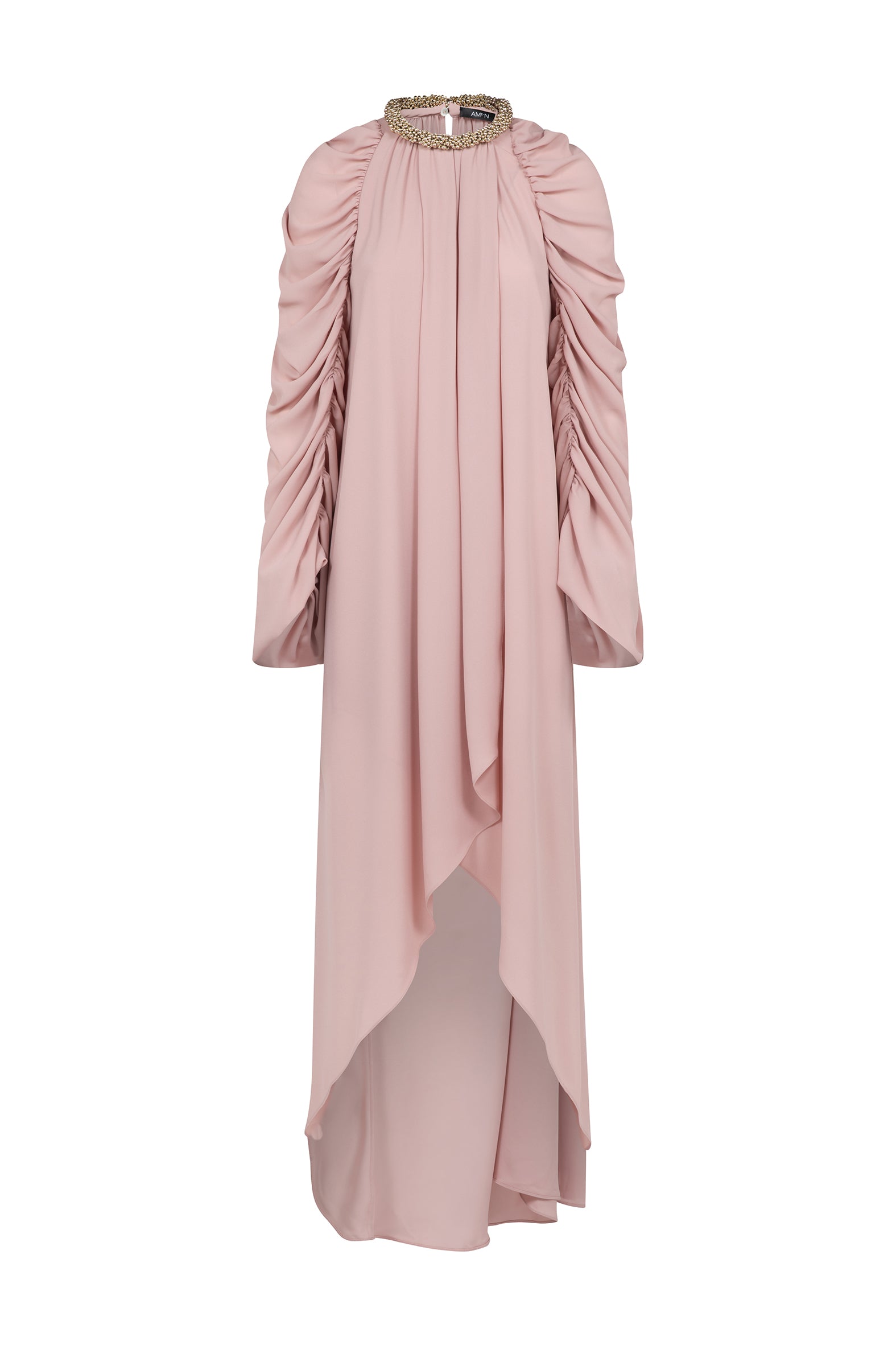 AMEN blush georgette long dress with beaded collar, ruched sleeves and asymmetric front draping front view