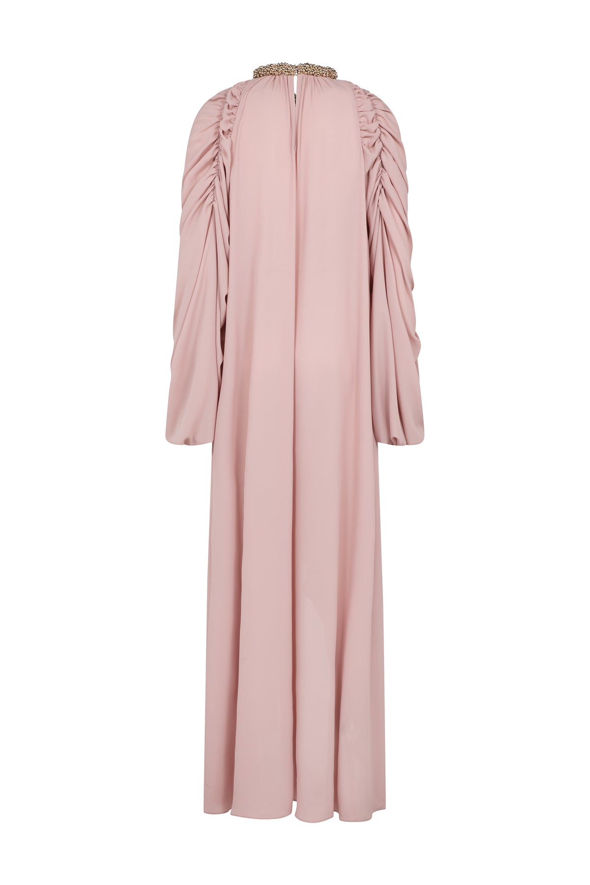 AMEN blush georgette long dress with beaded neckline and flowing BACK view