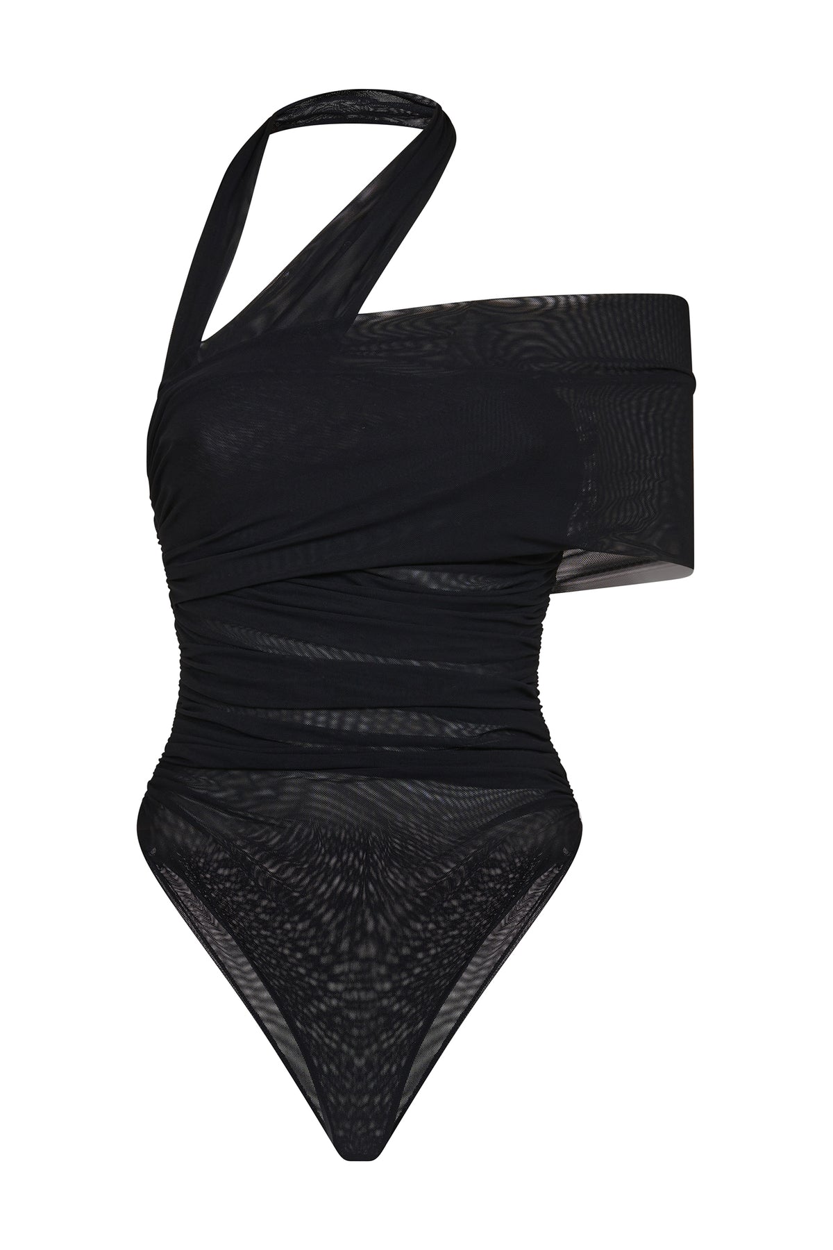 AMEN black stretch net bodysuit with asymmetric halter neckline, sheer fabric and layered ruching front view