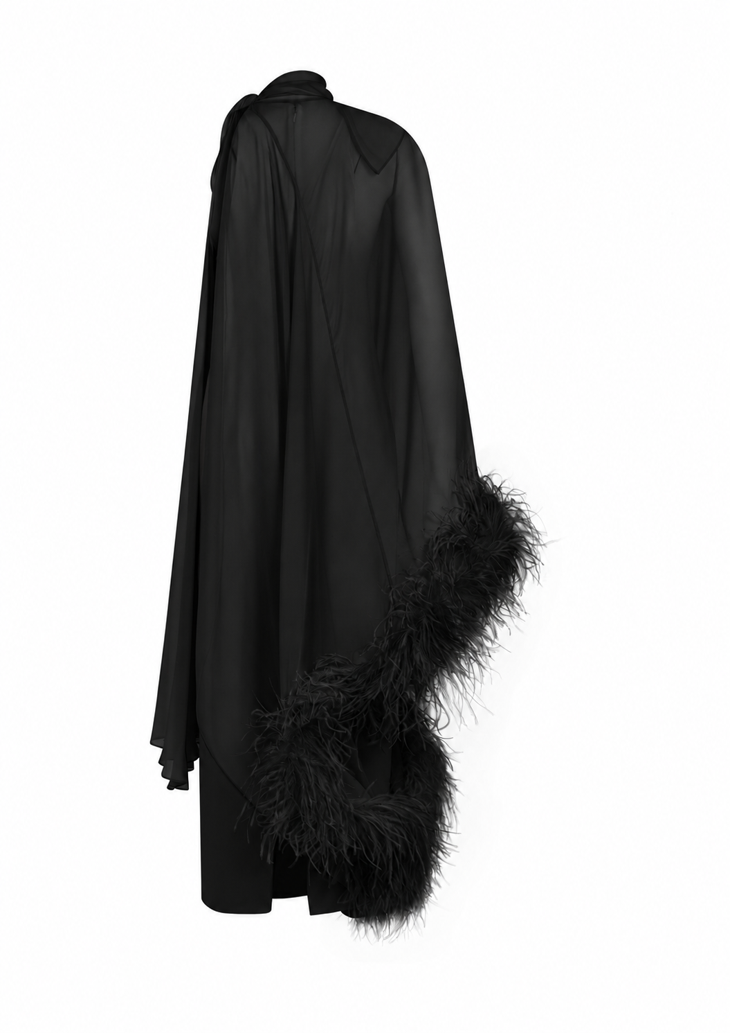 AMEN black chiffon and georgette long dress with sheer cape construction and ostrich feather trim back view