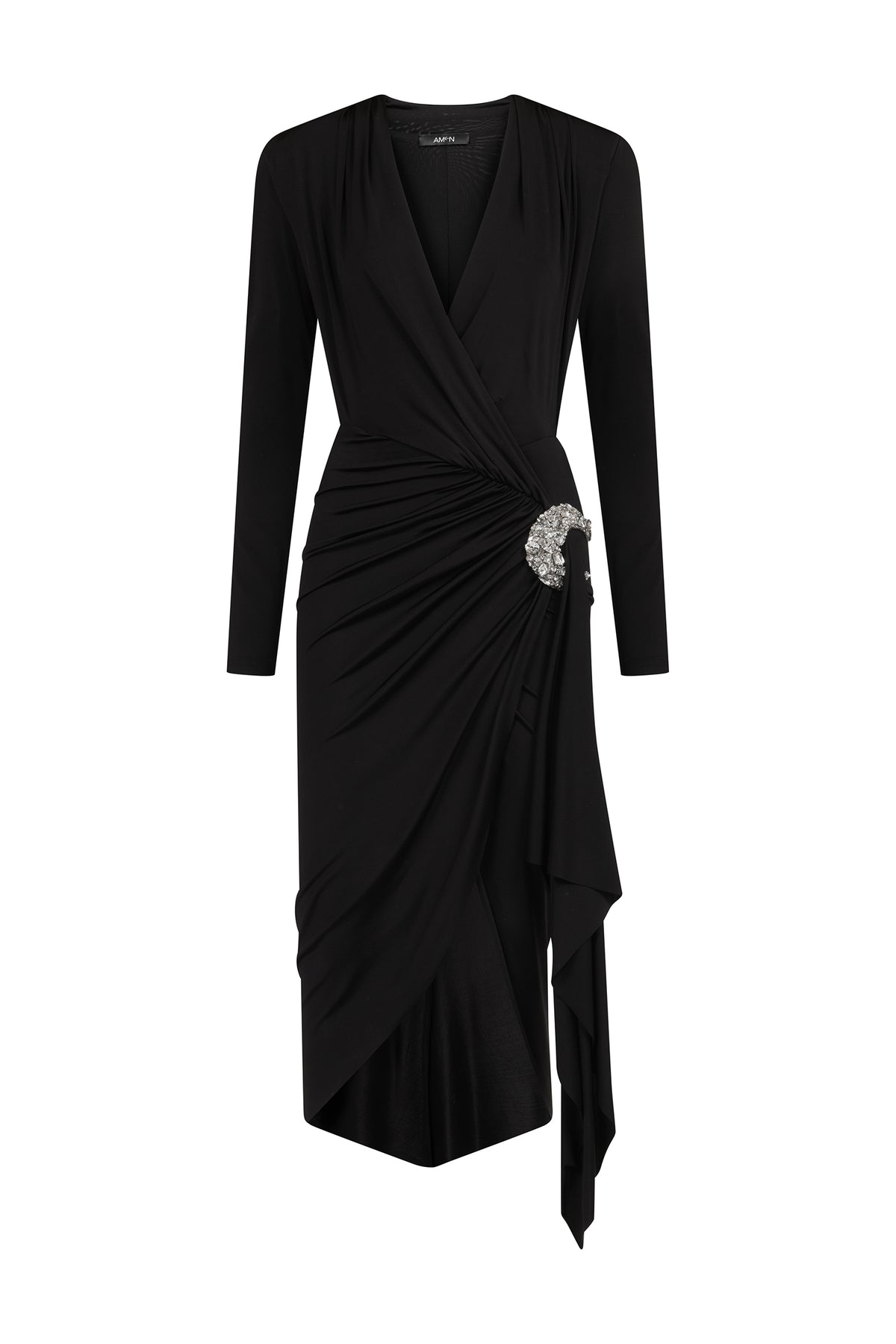 AMEN black fluid jersey midi dress with deep V neckline, crystal crescent moon waist detail and asymmetric draping front view