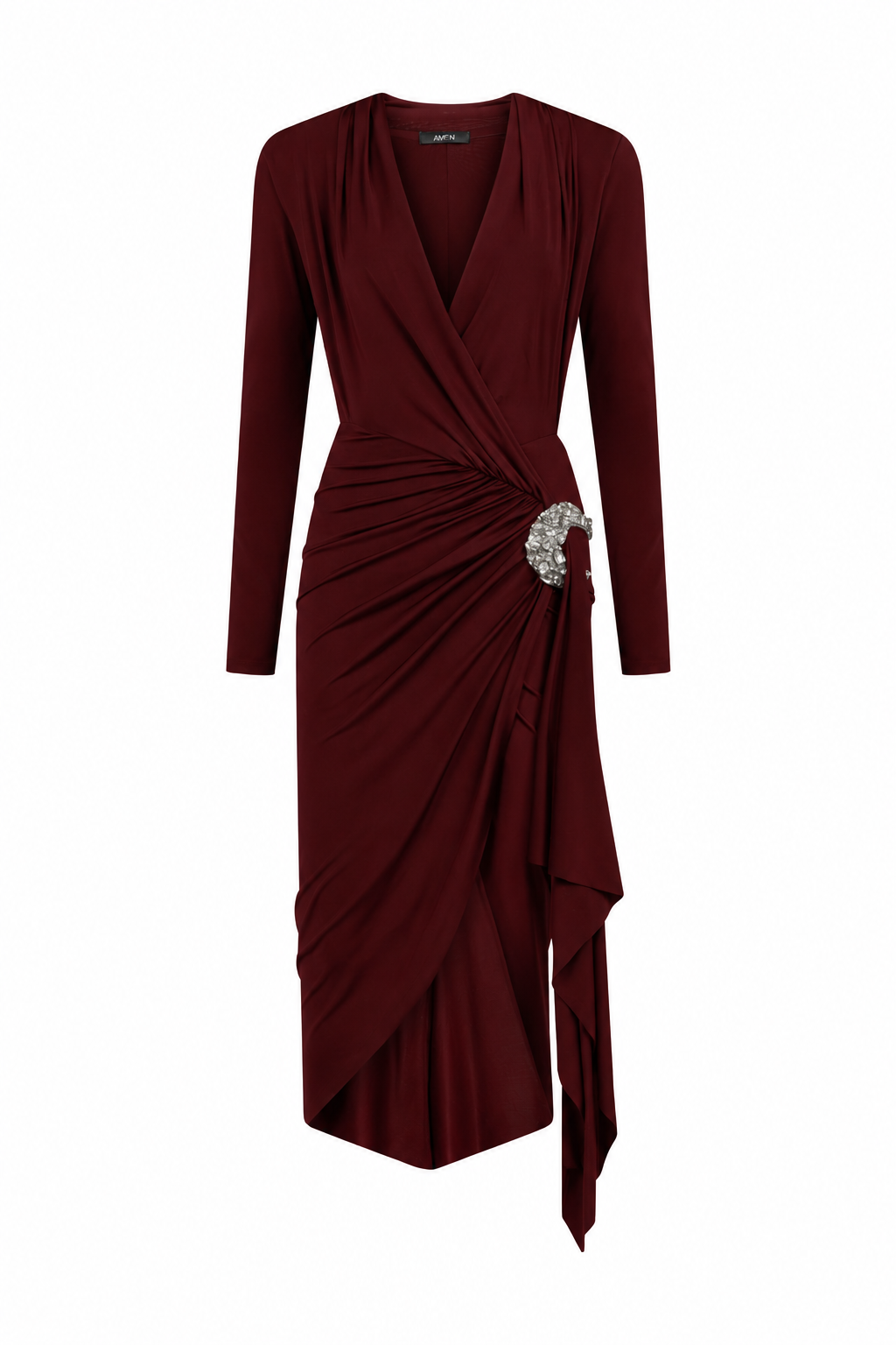 AMEN black fluid jersey midi dress with deep V neckline, crystal crescent moon waist detail and asymmetric draping front view