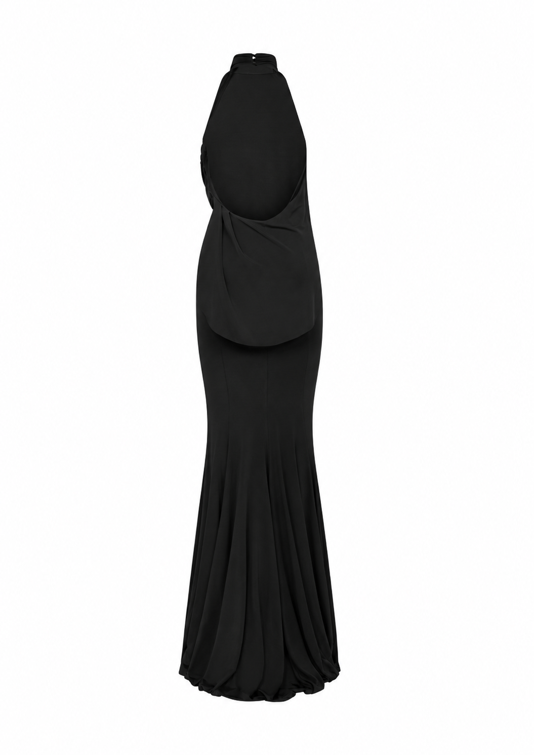 AMEN black light fluid jersey long dress with high halter neckline, open back and draped upper back detail back view