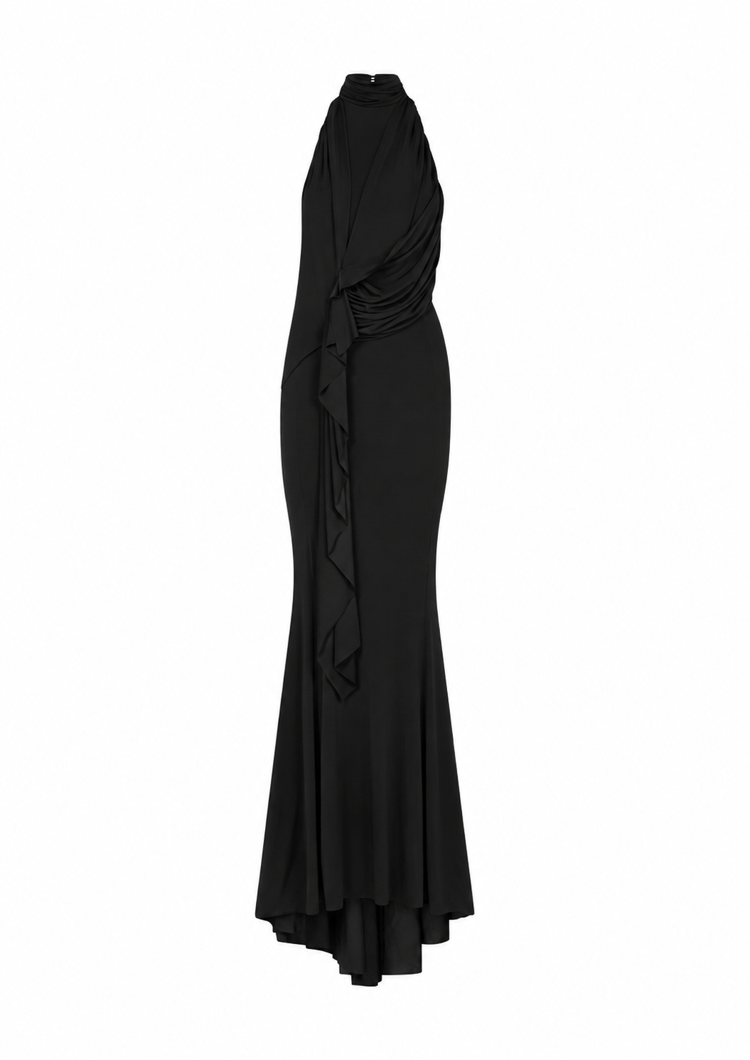 AMEN black light fluid jersey long dress with high halter neckline, asymmetric draping and cascading front panel front view