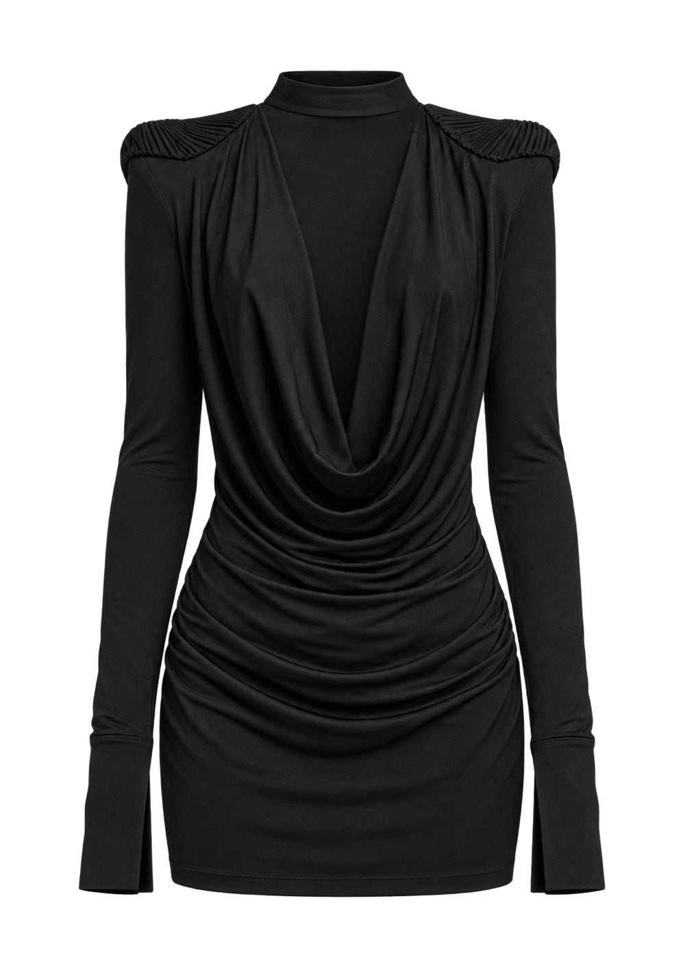AMEN black light fluid jersey mini dress with deep draped neckline, choker collar and pleated structured shoulders front view