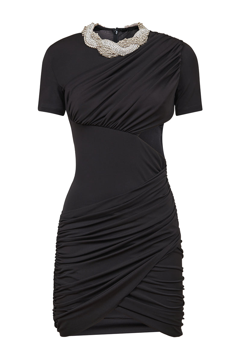 AMEN black draped mini dress with embellished neckline front view