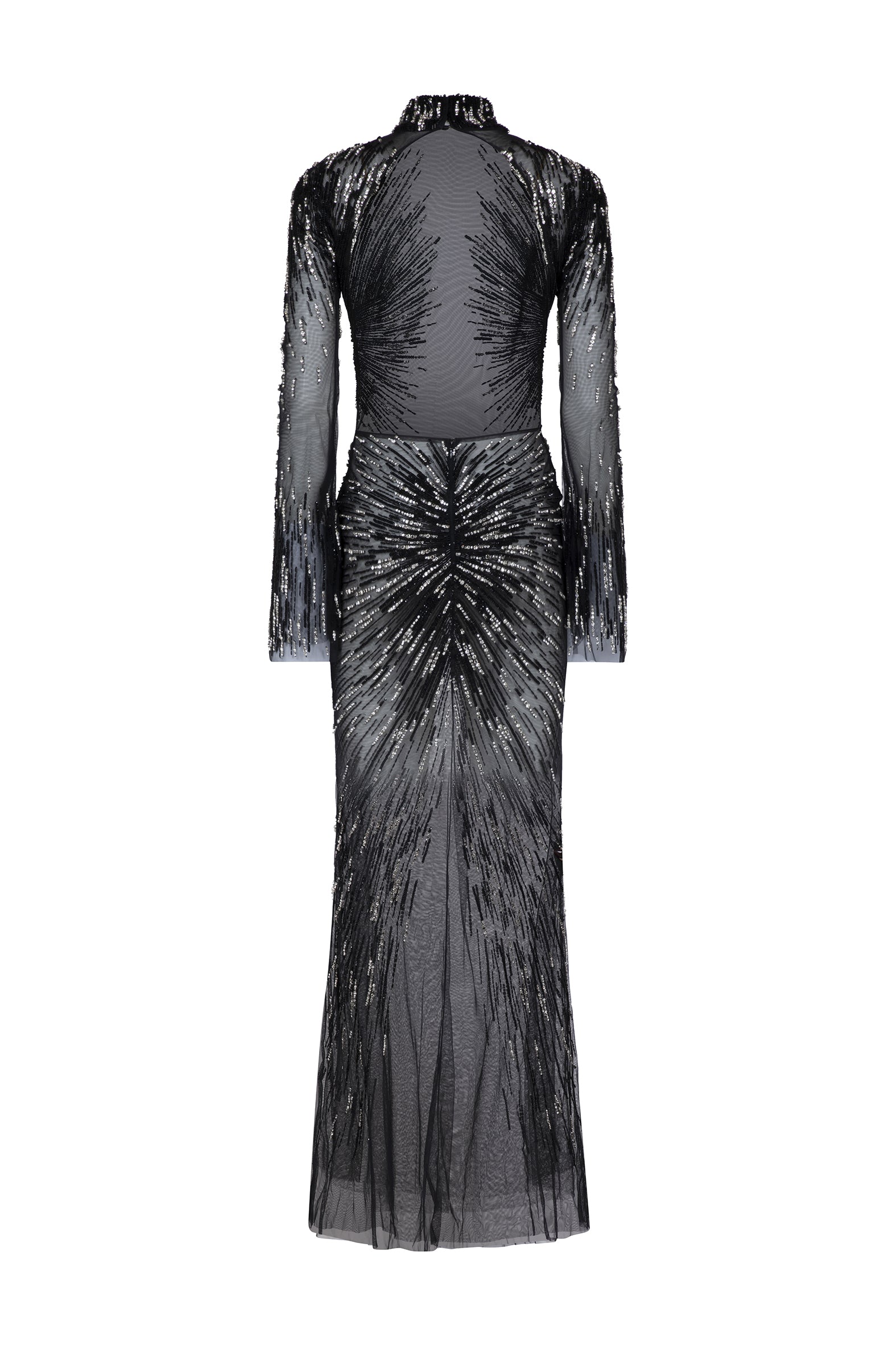 AMEN black embroidered tulle long dress with open back, tube and sequin detailing back view