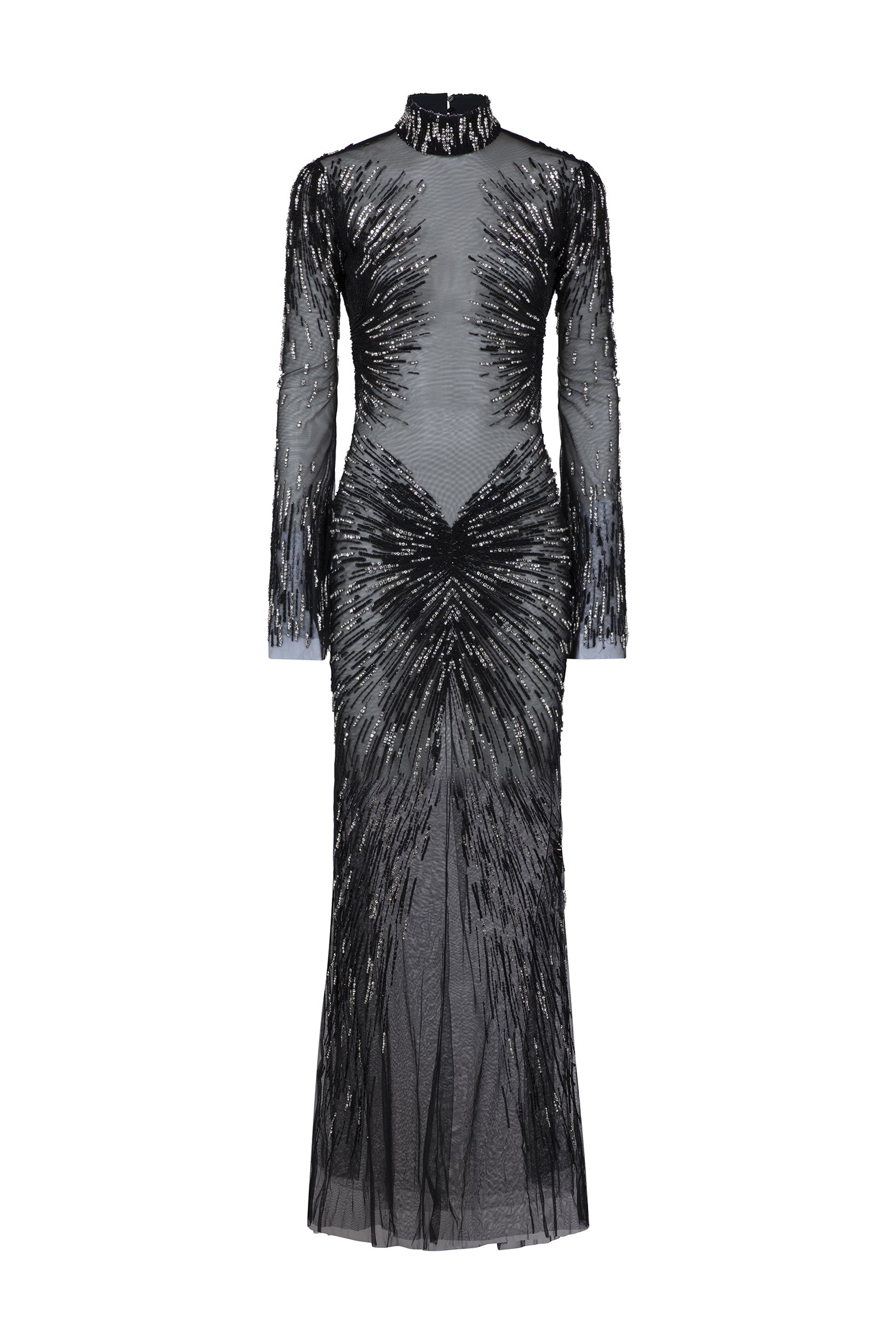 AMEN black embroidered tulle long dress with high neckline, sheer long sleeves and radiating sequin embroidery front view