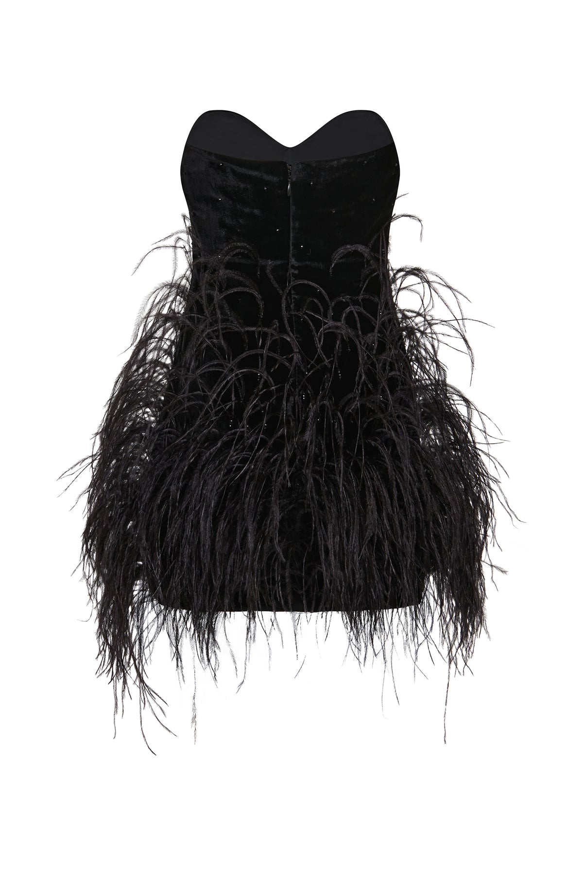 AMEN black velvet strapless mini dress with feathered skirt and fitted back view