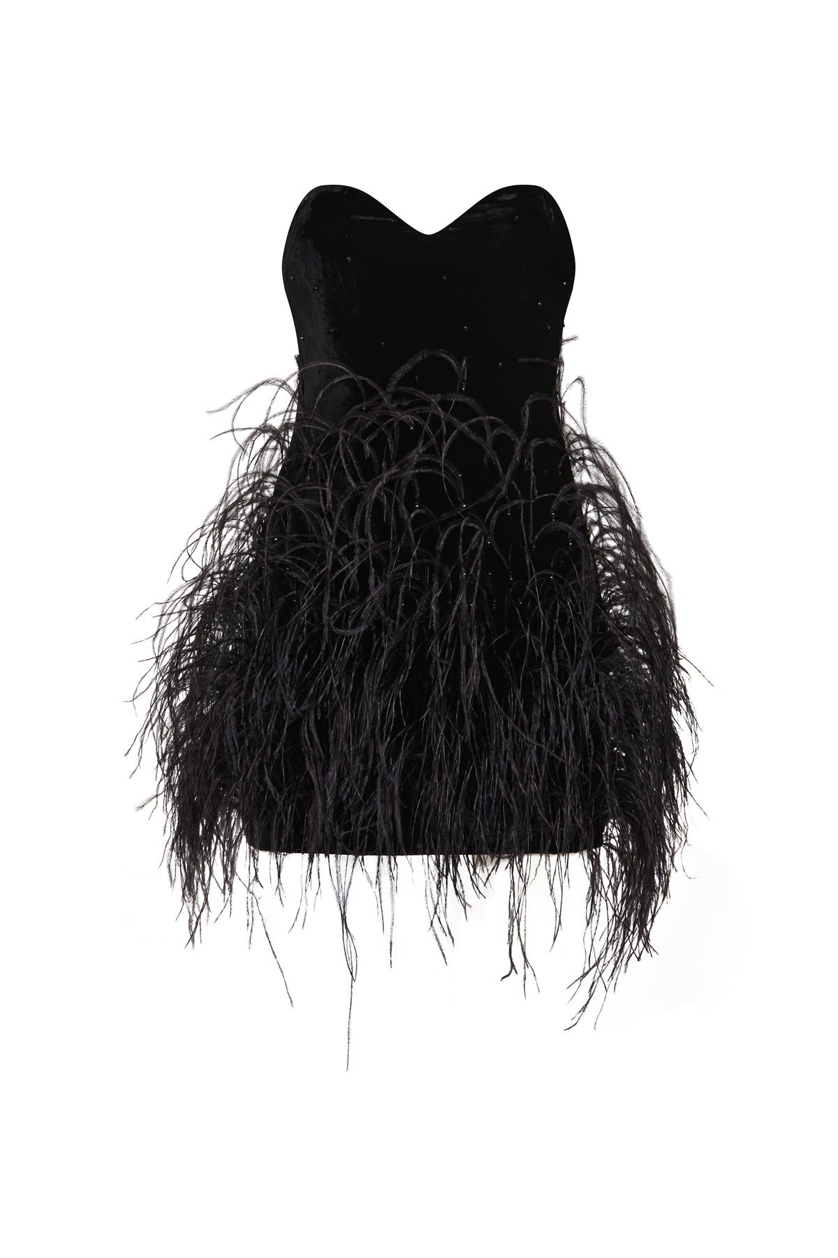 AMEN black velvet mini dress with sweetheart neckline and feathered skirt front view