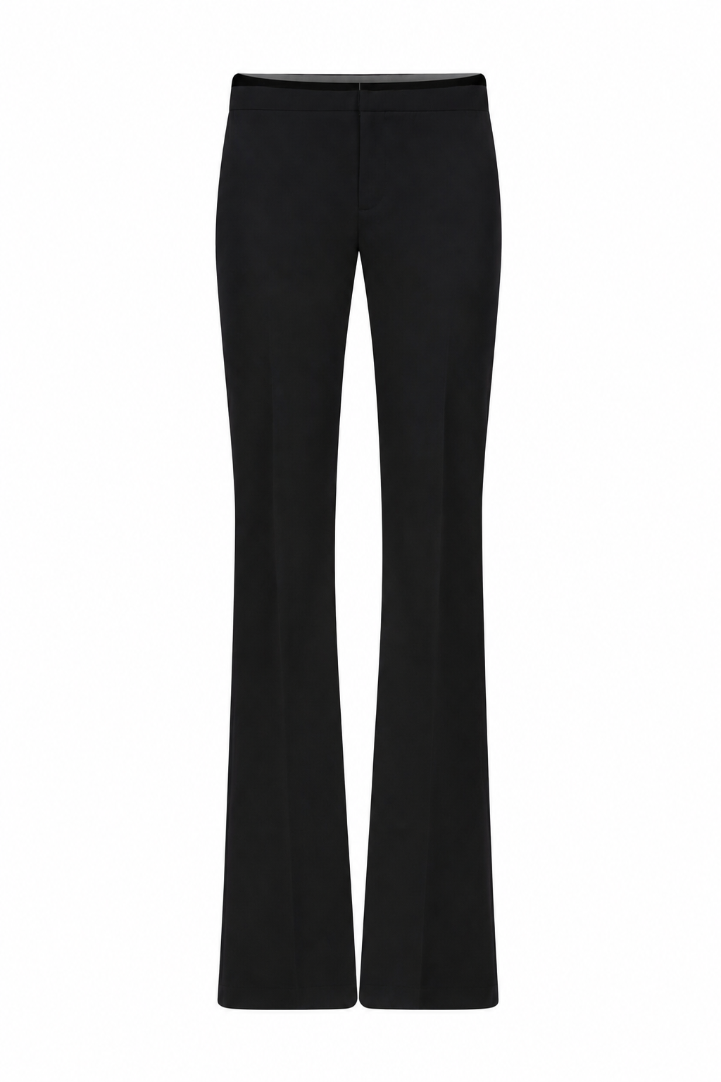 AMEN black wool gabardine flared pants with tailored waistband front view