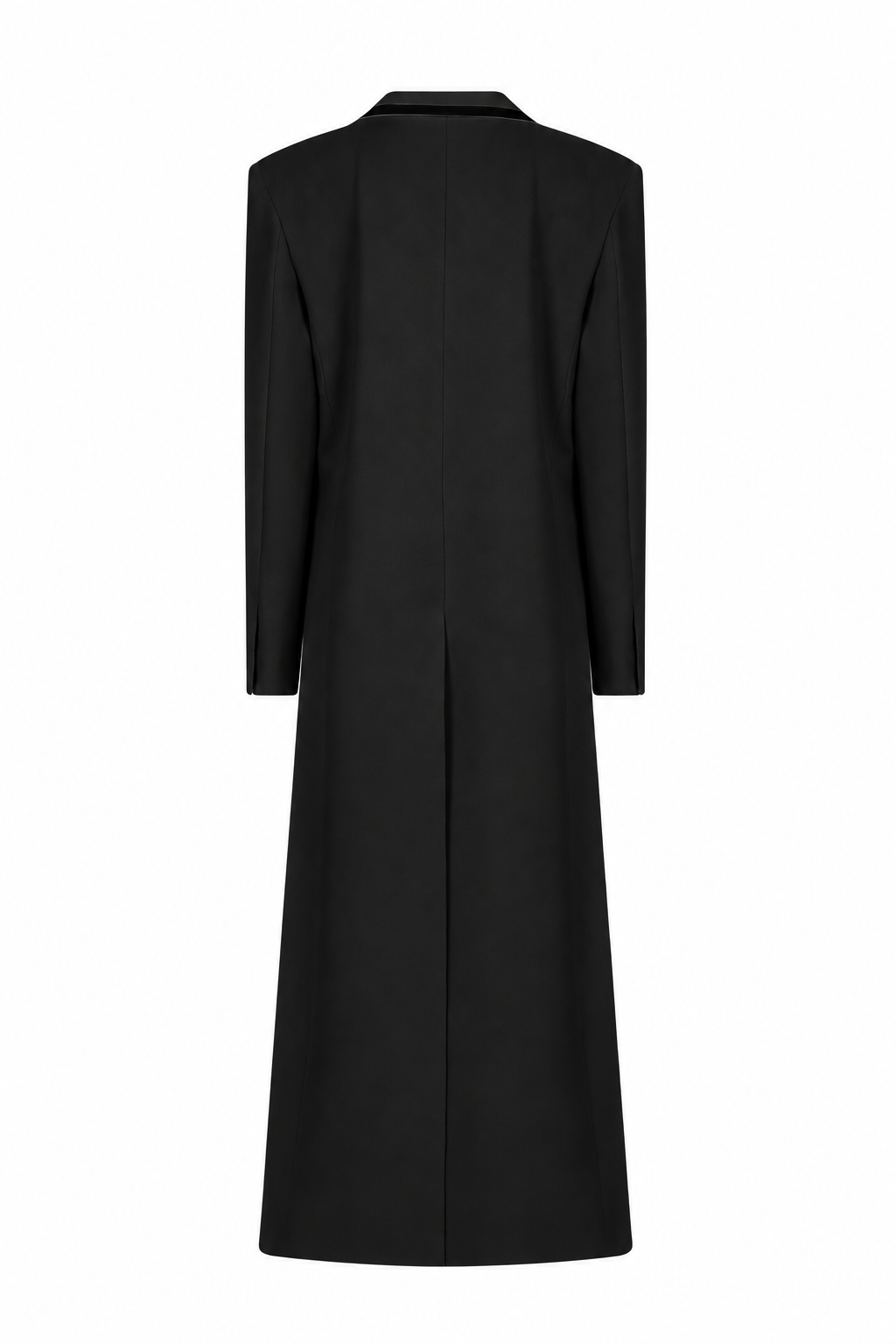 AMEN black wool gabardine long coat with clean tailored back, central seam and back vent back view