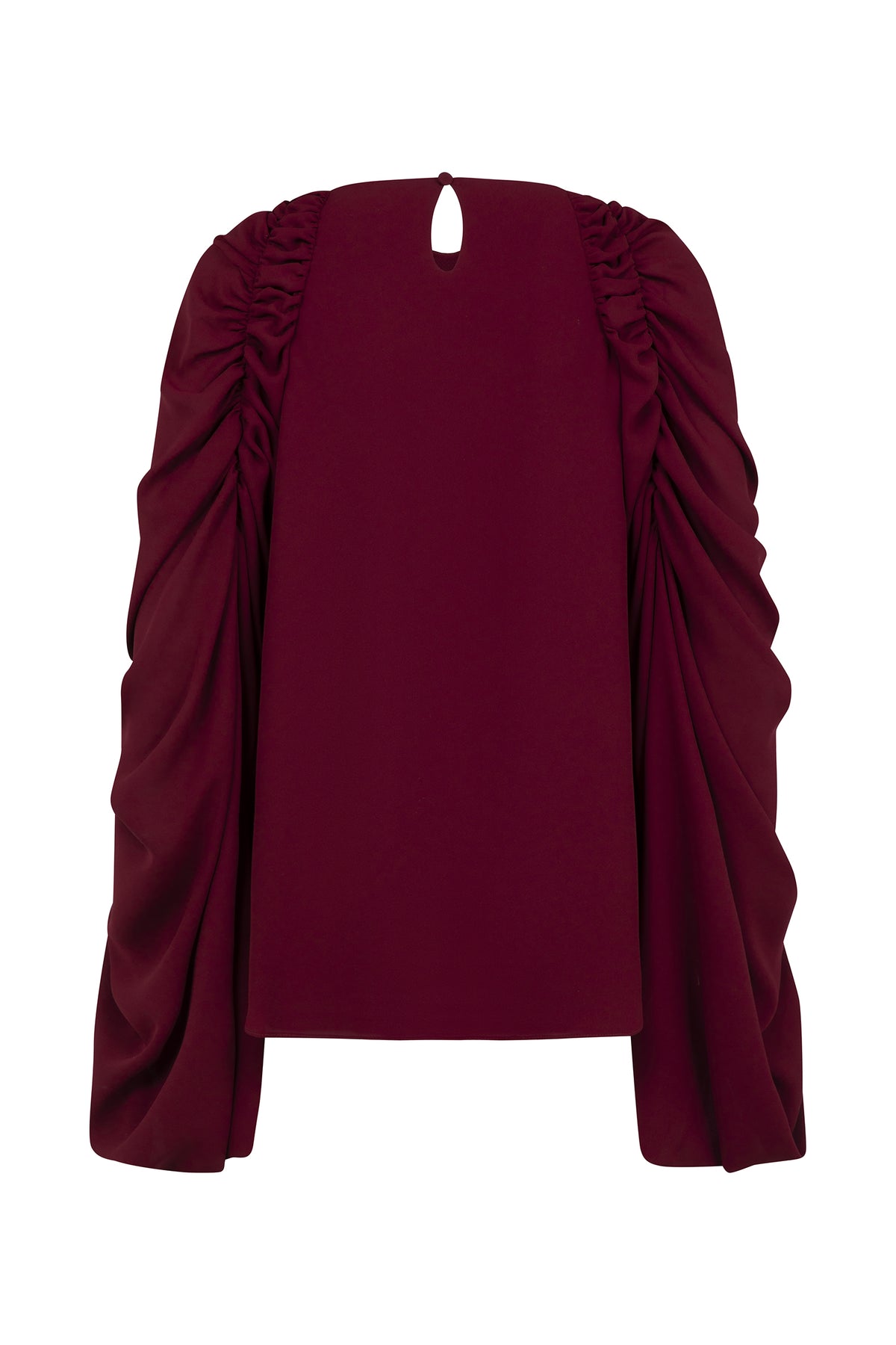 AMEN burgundy georgette blouse with ruched sleeves and keyhole back closure back view